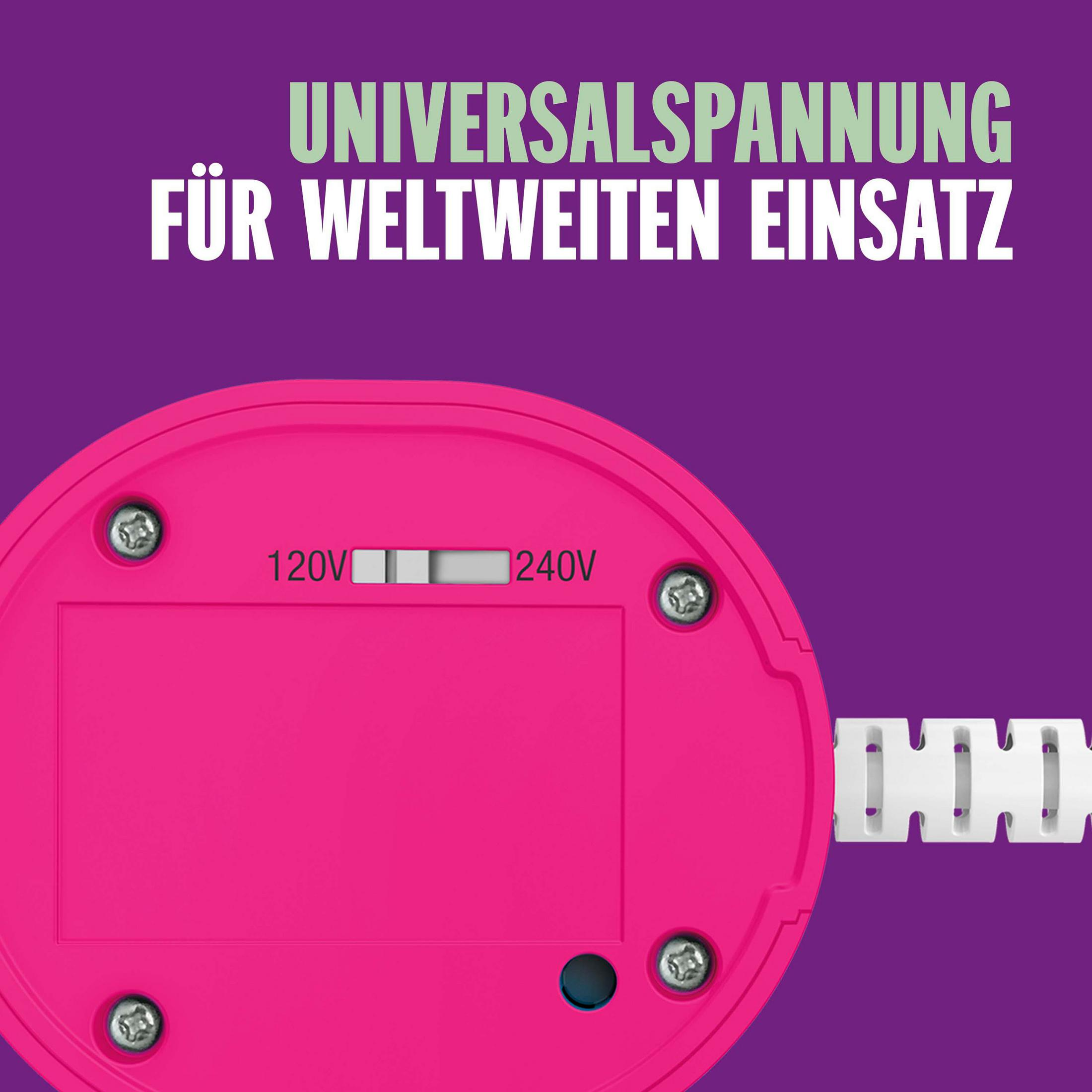 A pink device with a 120V/240V switch. Text: UNIVERSALSPANNUNG.
