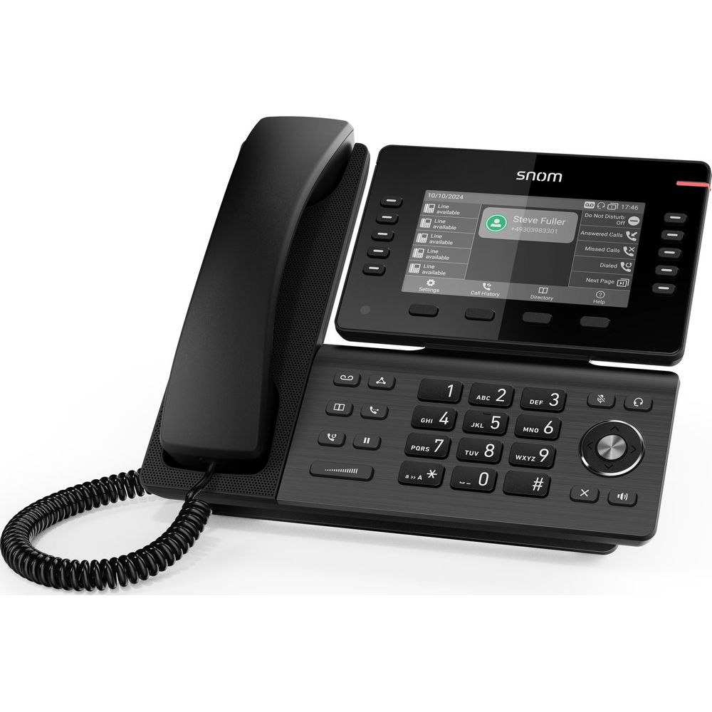 Ein schwarzes Snom-Tischtelefon mit einem Hörer, einem Touchscreen und einer Tastatur.