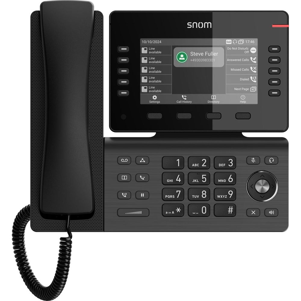 Ein schwarzes Snom Tischtelefon mit einem großen Bildschirm und einer Tastatur.