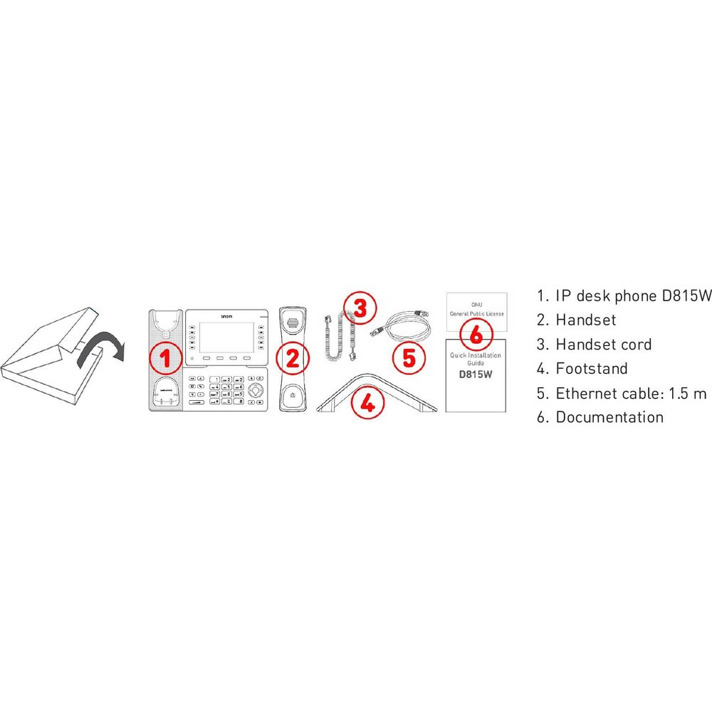 Anleitung für ein IP-Telefon D815W: Telefon, Hörer, Kabel, Ständer, Ethernet-Kabel, Dokumentation.