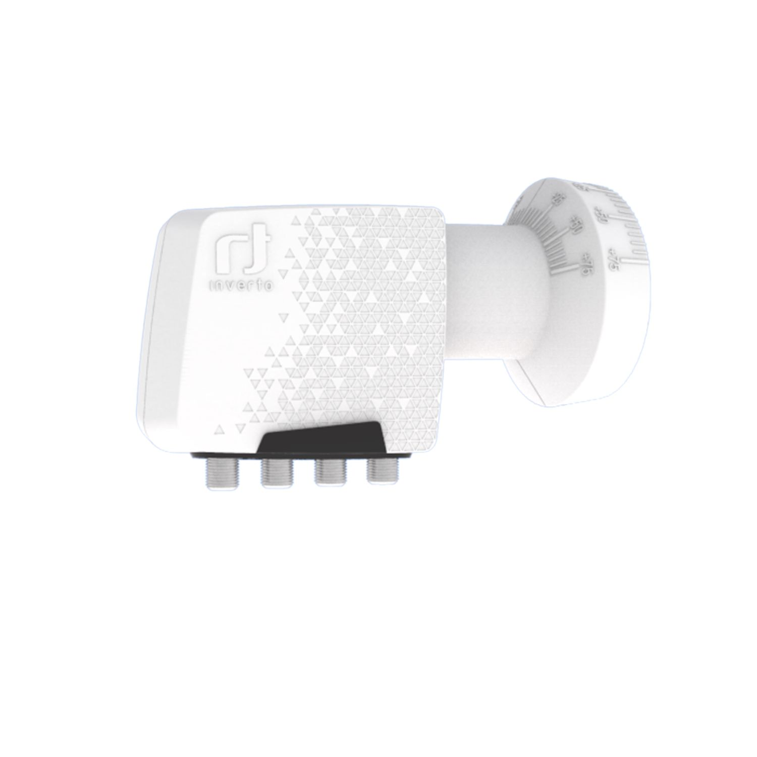Ein weißer LNB mit RJ-Logo und Dreheinstellungen.