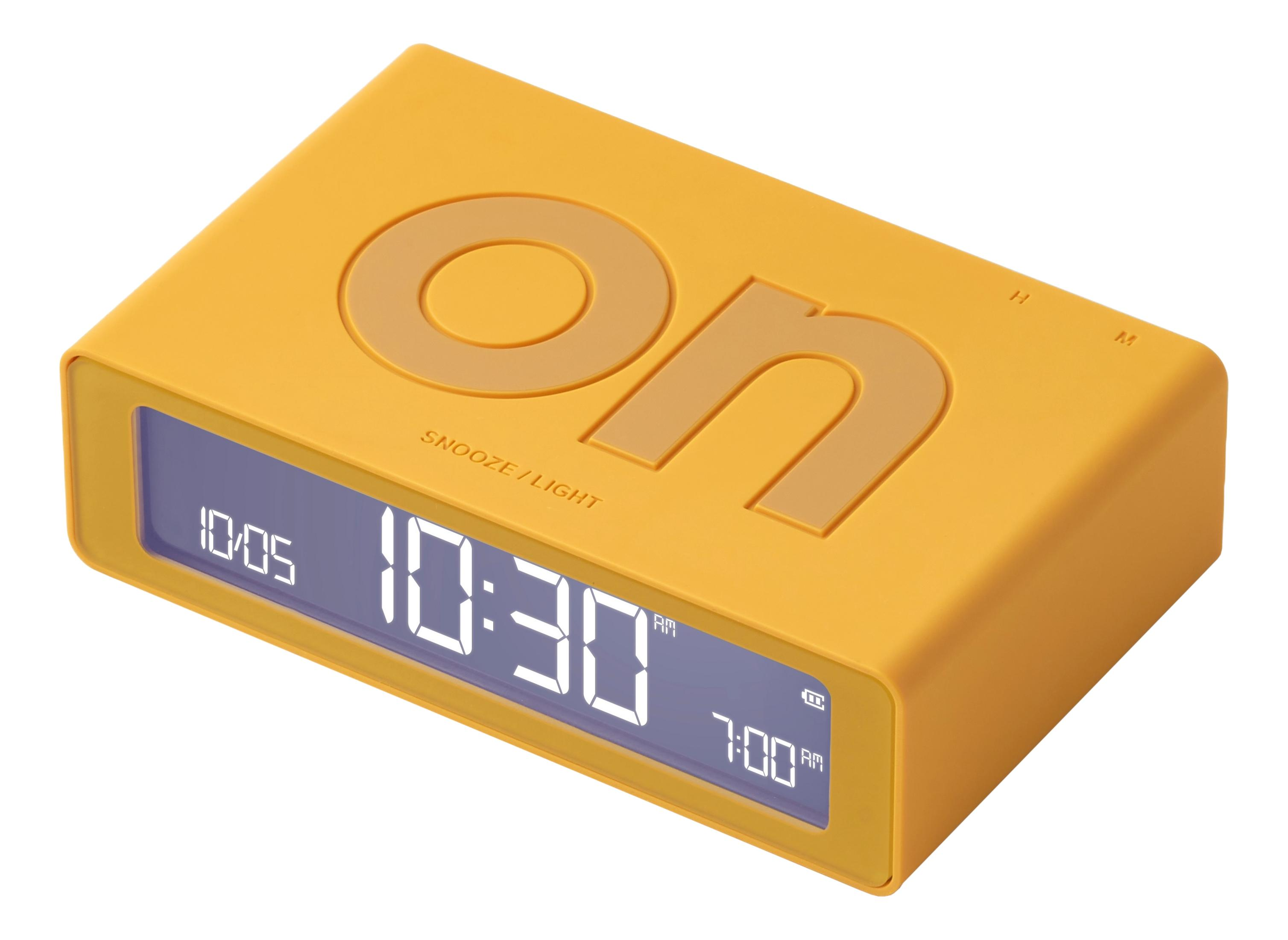 Ein gelber Digitalwecker zeigt 10:30 Uhr an. Er hat eine „on“-Aufschrift.
