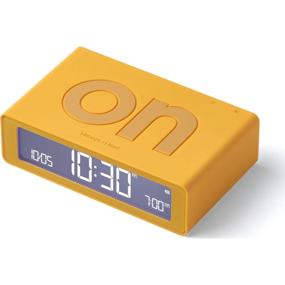 Ein gelber digitaler Wecker mit der Aufschrift "on" und der Uhrzeit 10:30.