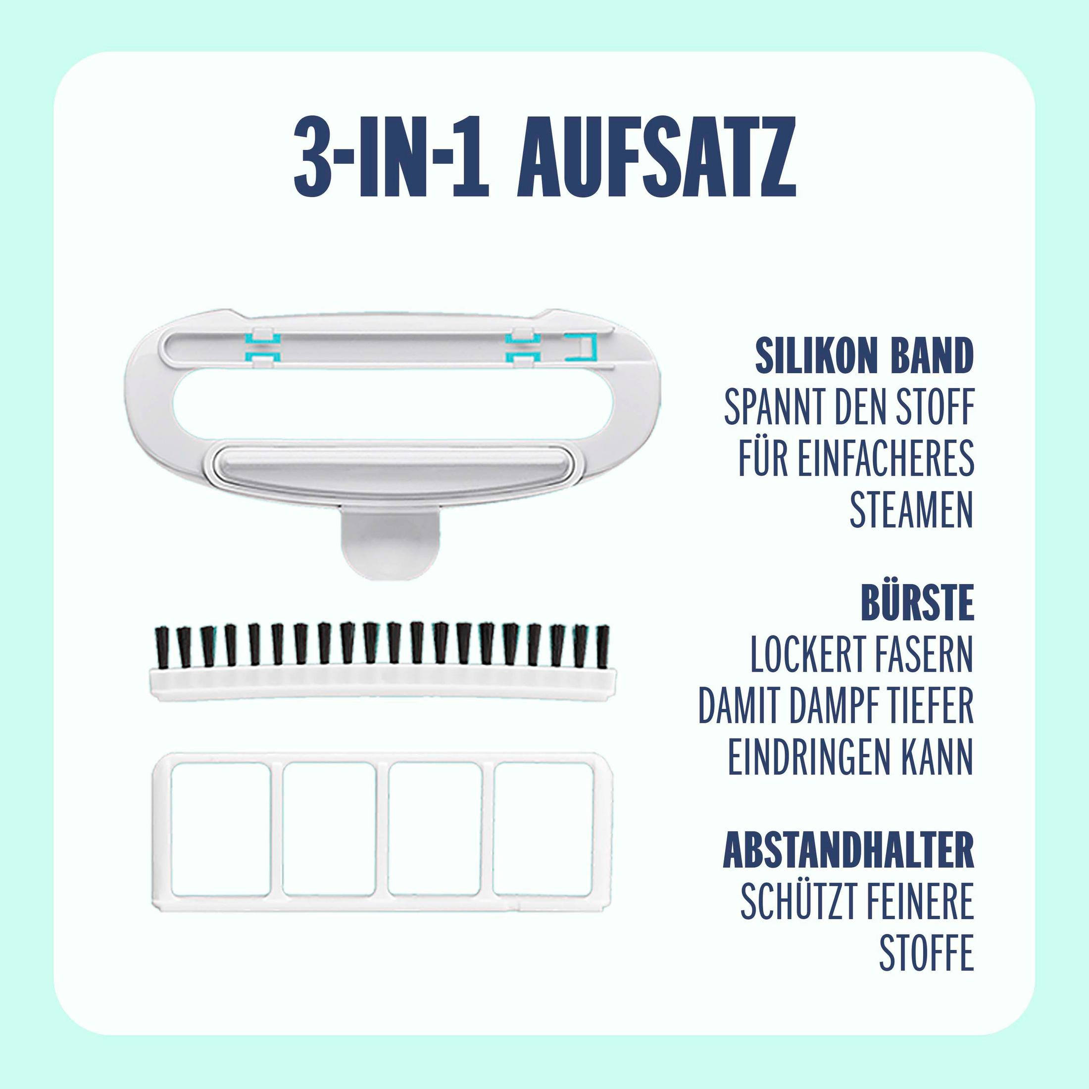 3-in-1 attachment with silicone band, brush, and spacer for fabrics.