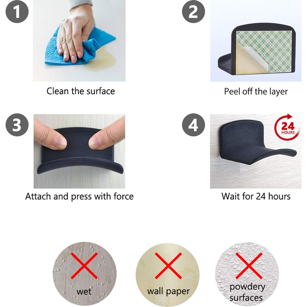 Instructions: Nettoyer, retirer film, fixer, attendre 24h. Pas pour surfaces humides.