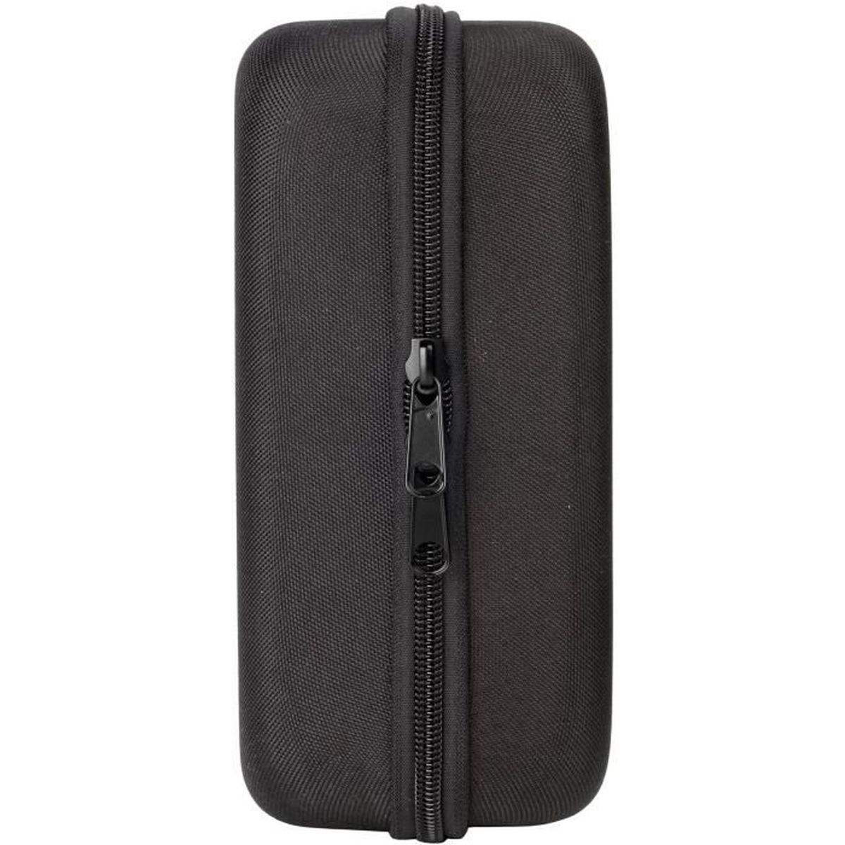 Czarna, prostokątna walizka z zamkiem pośrodku.