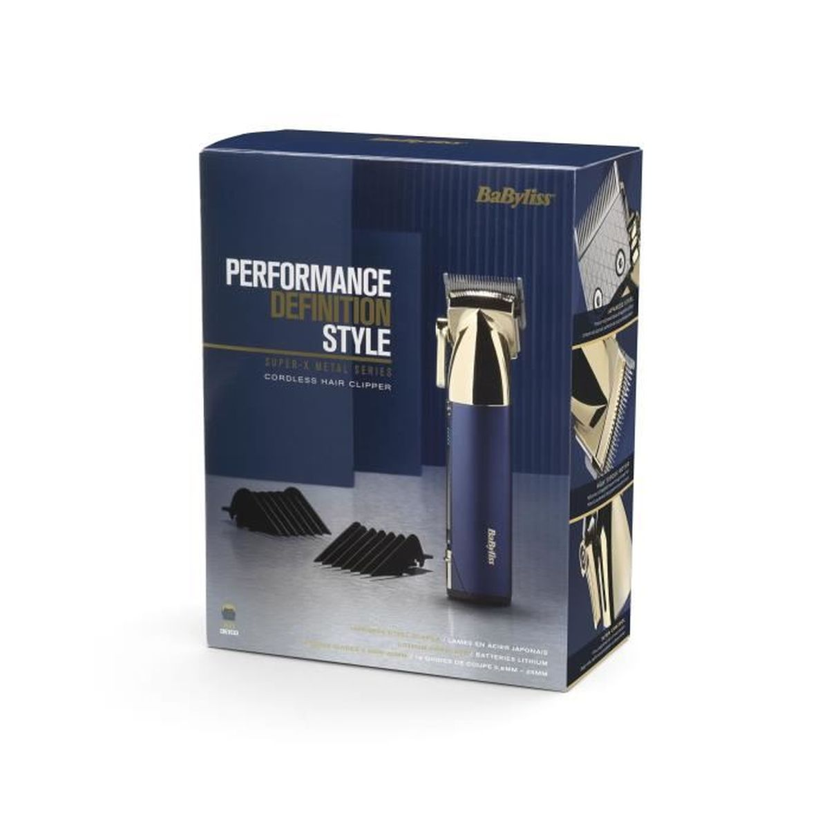 Pudełko niebiesko-złotej bezprzewodowej maszynki do strzyżenia włosów BaByliss.