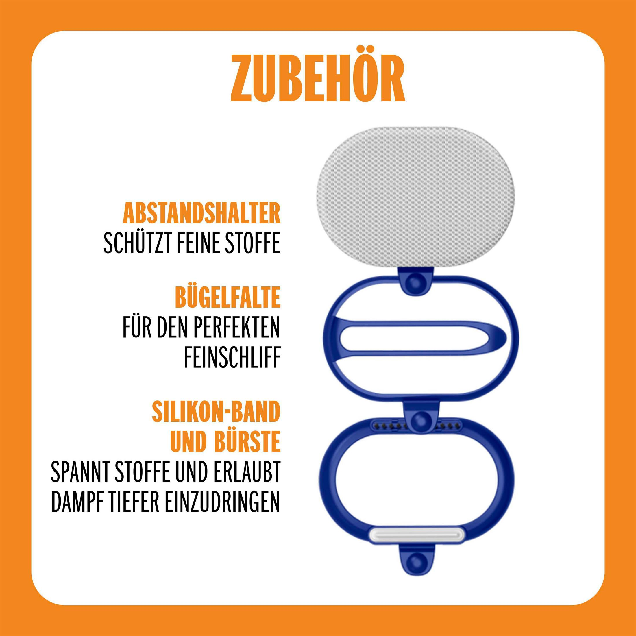 Accessoires: afstandhouder, strijkplooier, siliconen band en borstel.