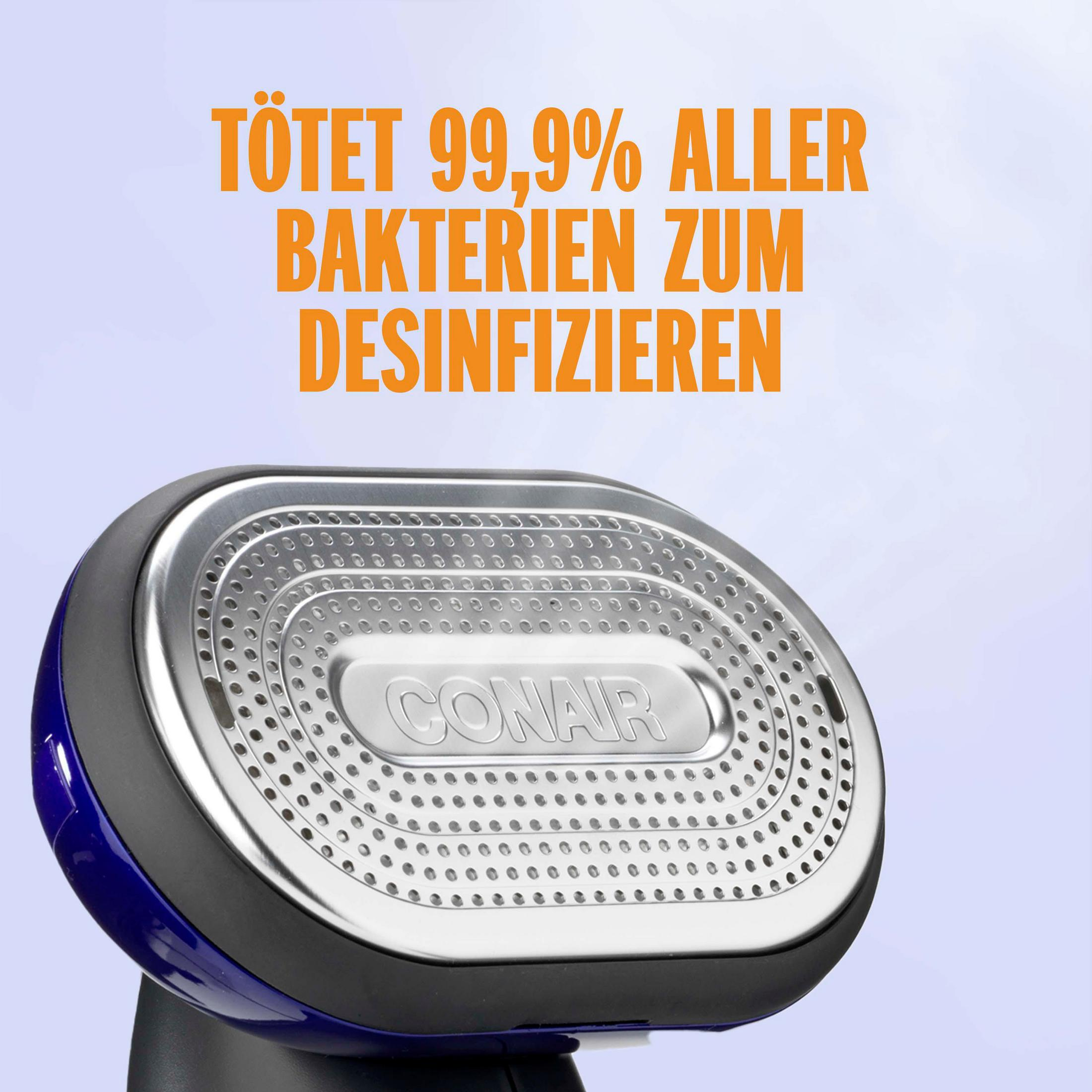 Een blauw Conair-apparaat met een zilveren kop en oranje tekst.