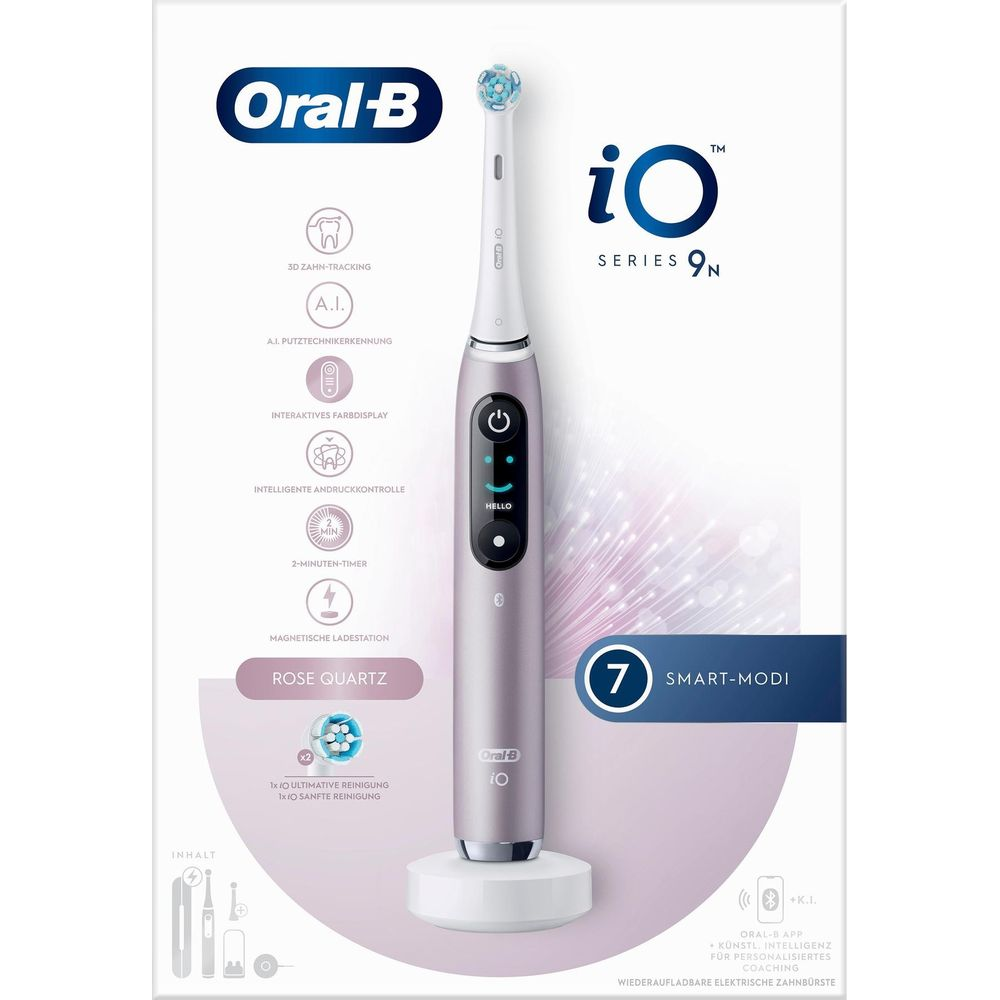 Różowa szczoteczka elektryczna Oral-B iO Series 9N na ładowarce.