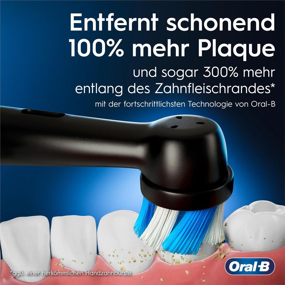 Szczoteczka elektryczna czyści zęby z płytki nazębnej, niebiesko-białe włosie.