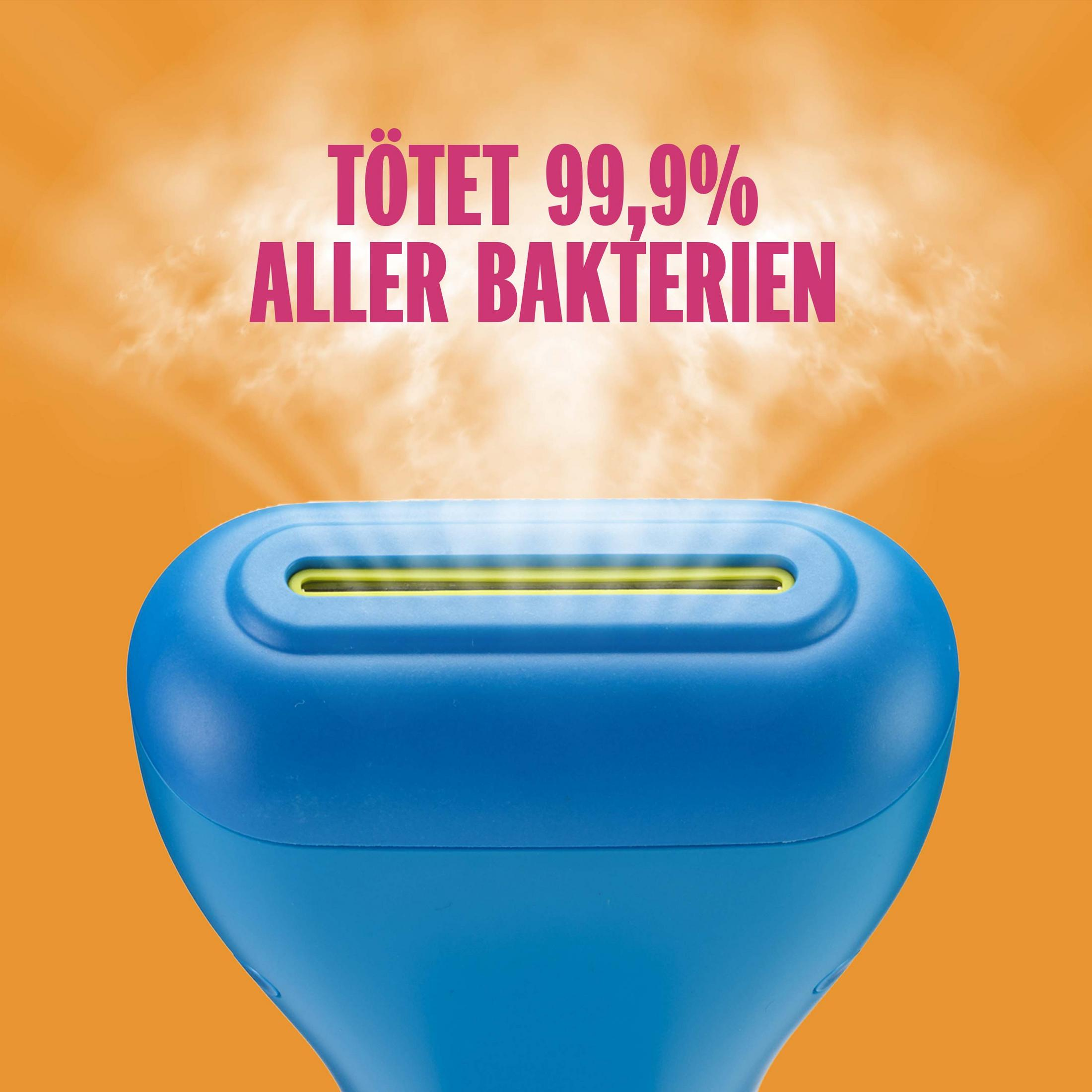 Device kills 99.9% of all bacteria. Blue top with yellow slot.