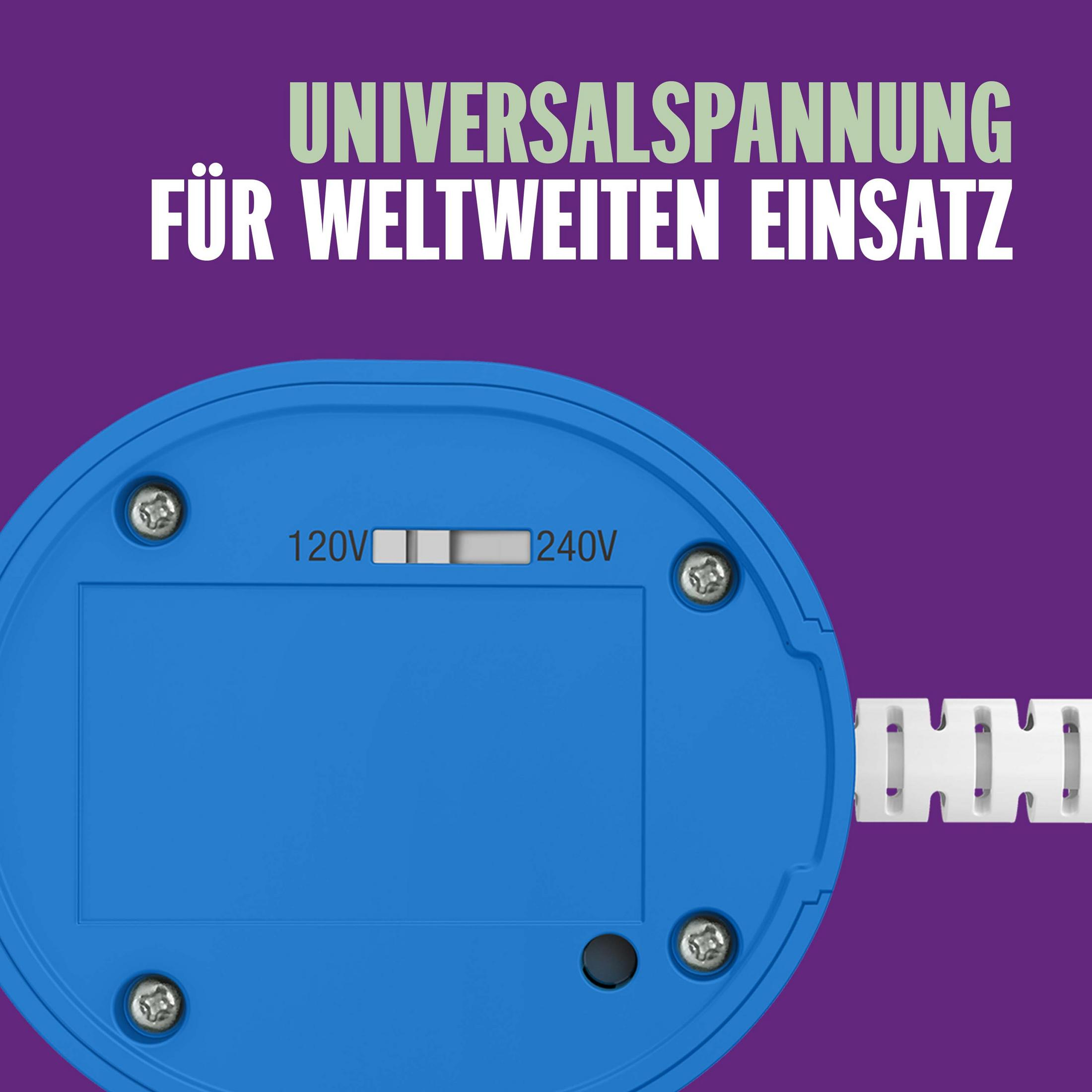 A blue device with a 120V/240V switch option on a purple background.