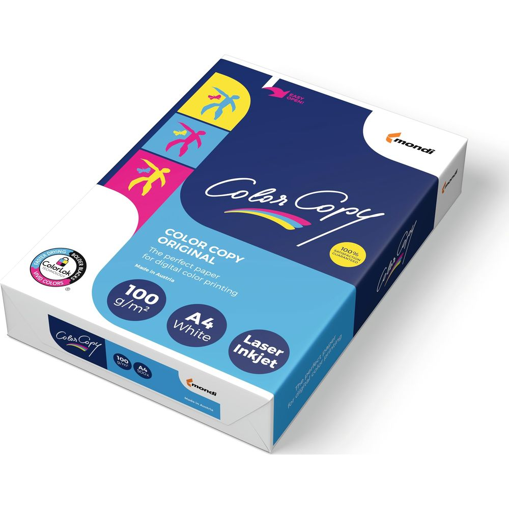 Verpackung für Color Copy Original Druckerpapier, A4, 100g/m², weiß. Mit Icons.