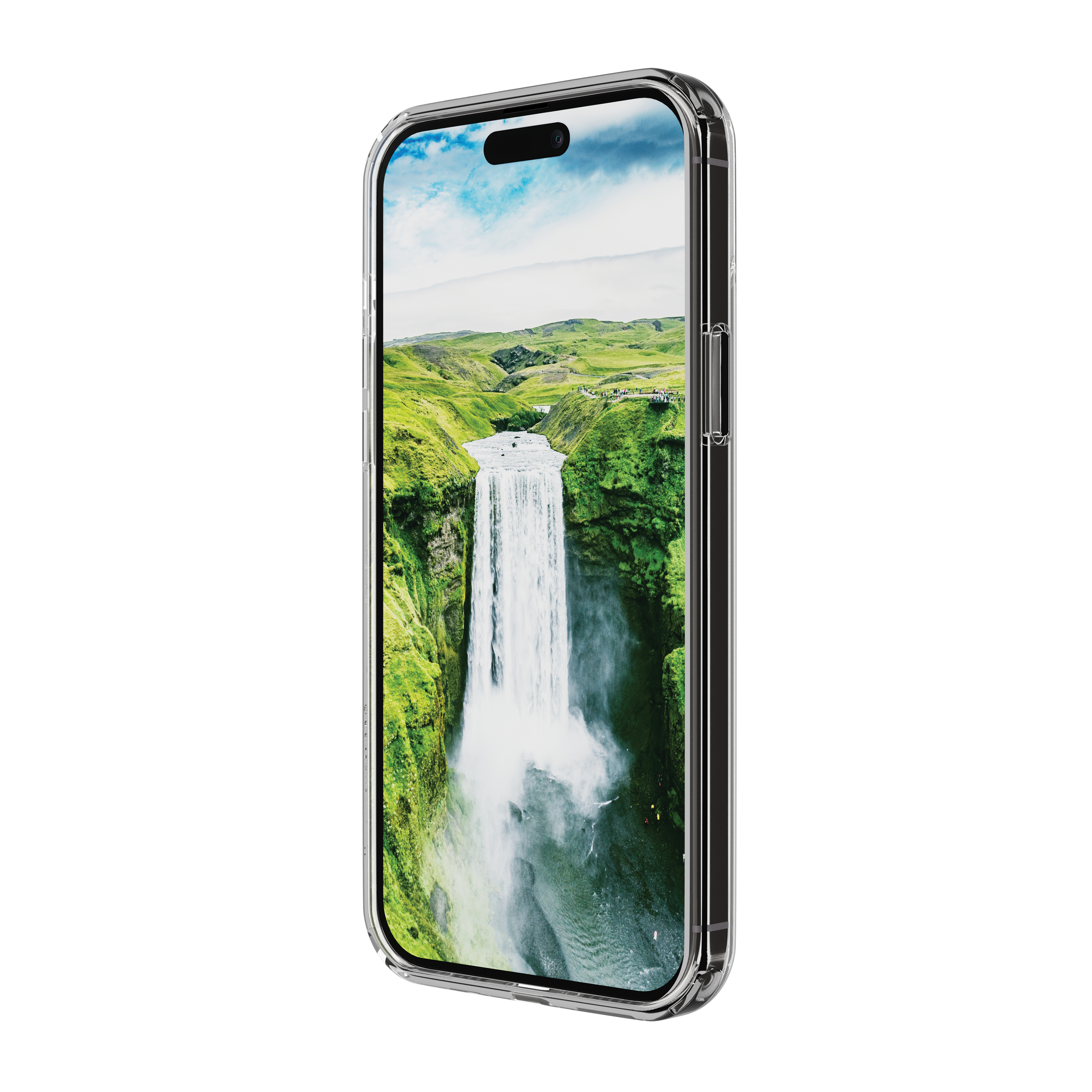 Ein Smartphone zeigt einen Wasserfall in einer grünen Landschaft.