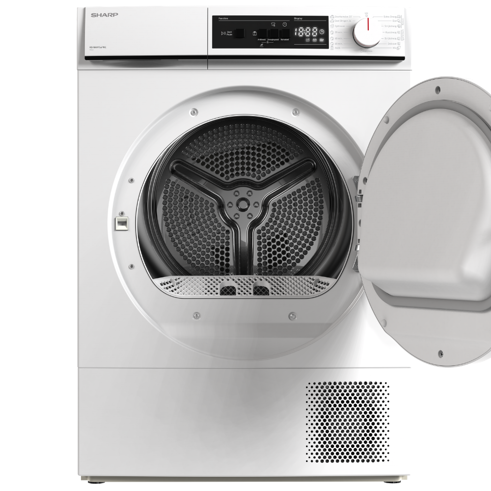 A white Sharp dryer with its door open, showing an empty drum.