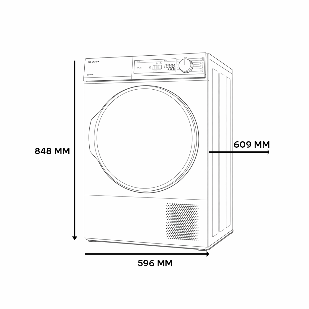 Line drawing of a dryer showing dimensions: 848mm H, 596mm W, 609mm D.