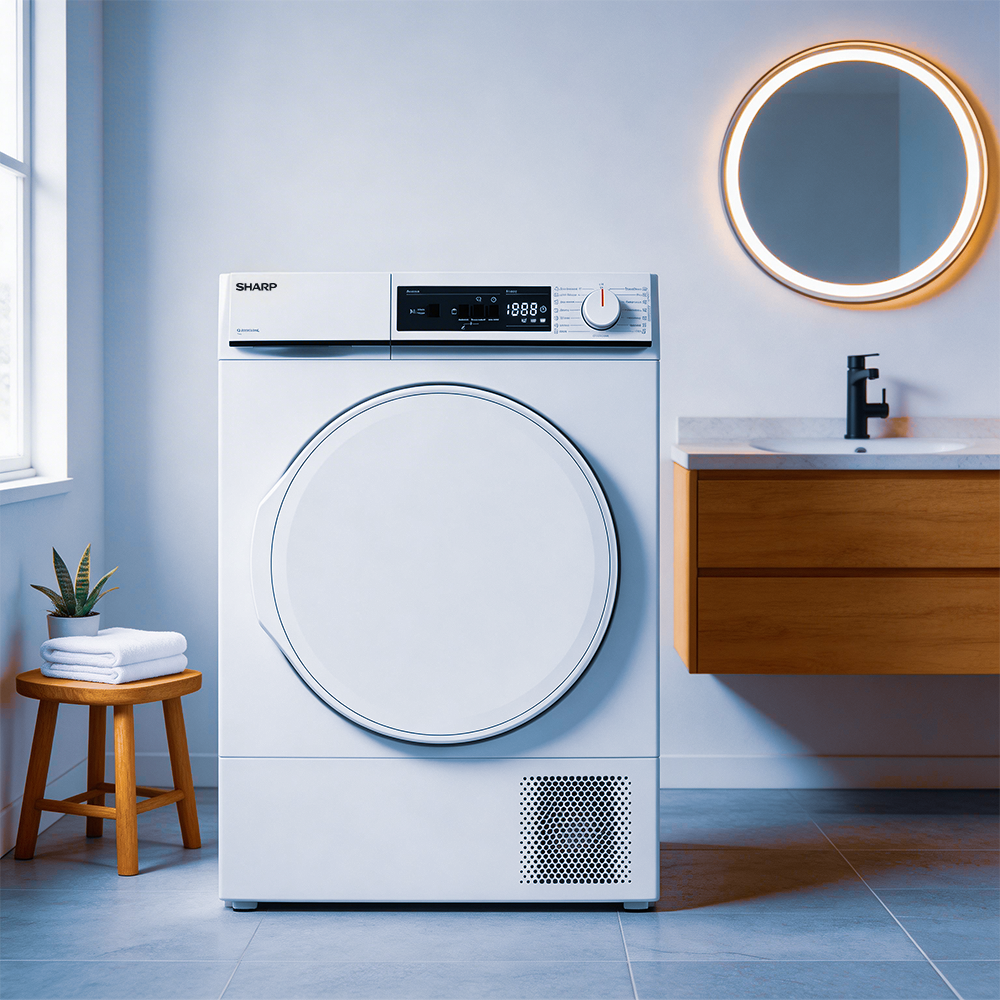 A white clothes dryer is in a modern bathroom with a mirror and sink.