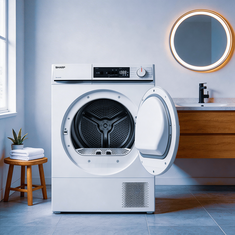 White dryer with open door, next to it a wooden stool with towels.