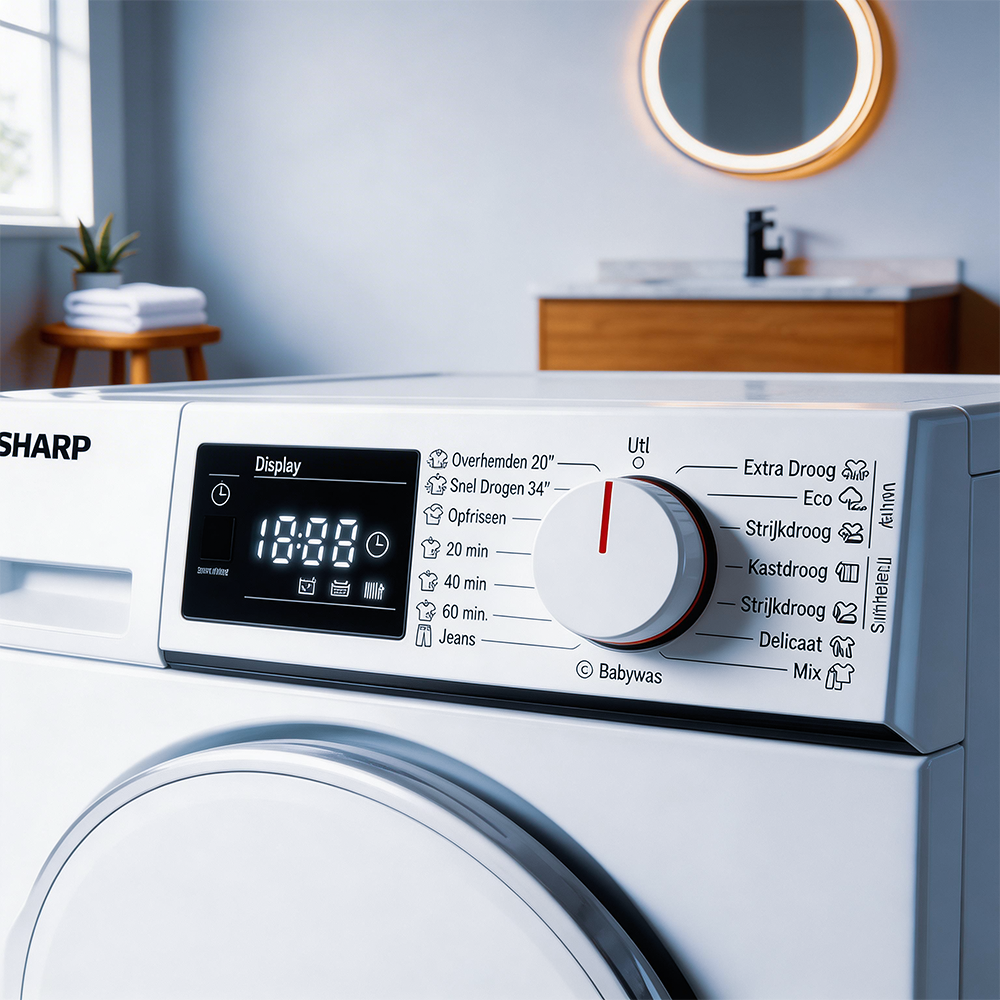 Close-up of a white washing machine control panel with display and dial. Bathroom background.