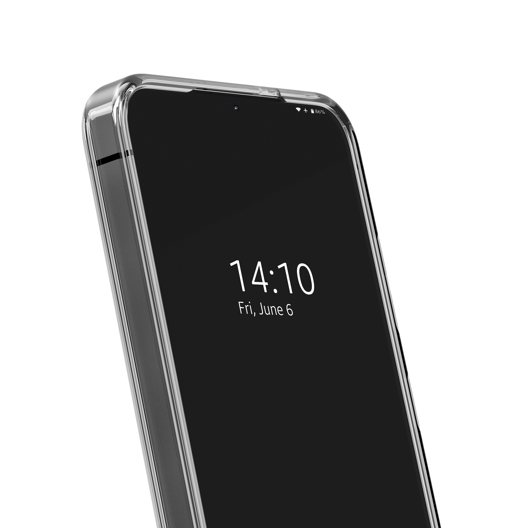 Ein Smartphone mit transparentem Gehäuse zeigt 14:10 Uhr und Freitag, 6. Juni.
