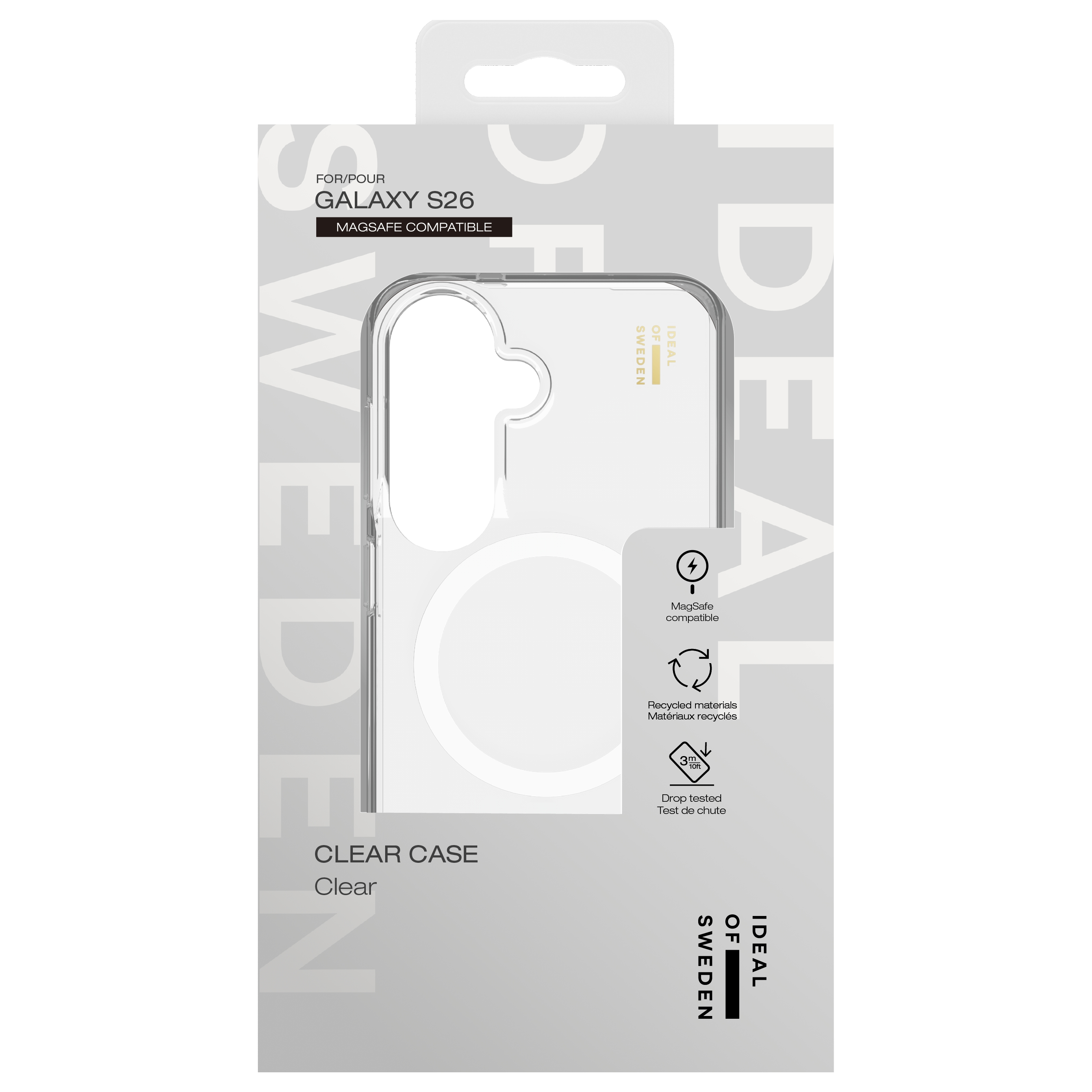 Verpackung für eine klare MagSafe-kompatible Hülle für Galaxy S26.
