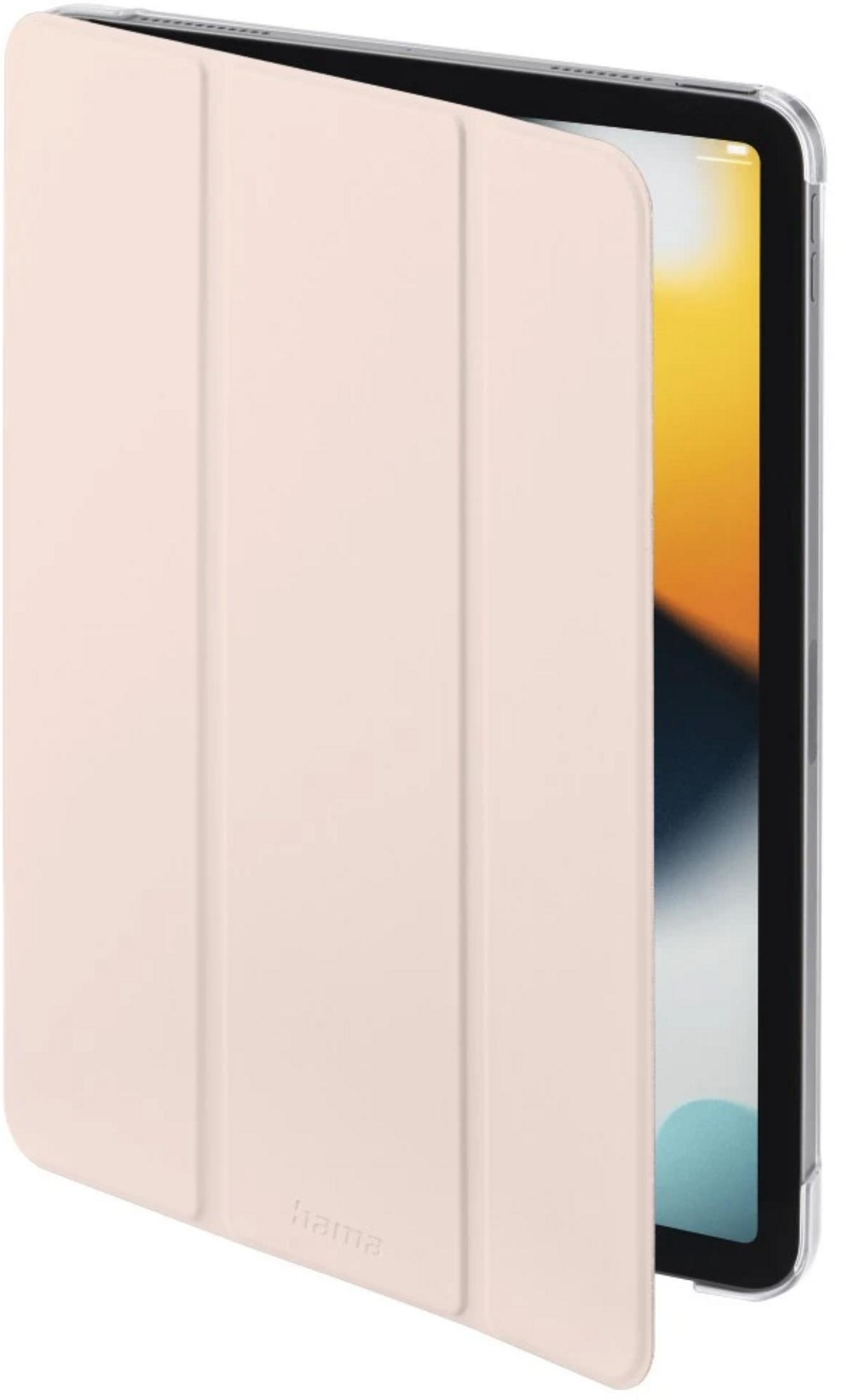 Ein hellrosa Tablet mit Hülle, die nach links geöffnet ist.