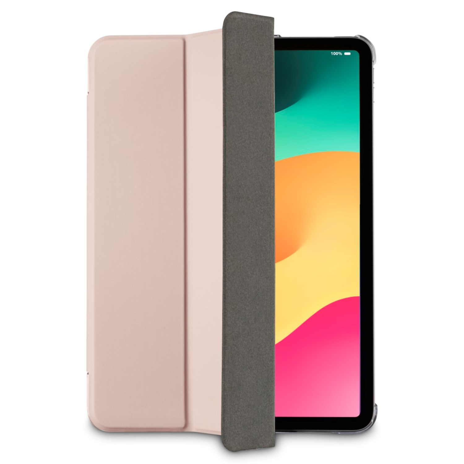 Ein rosafarbenes Tablet mit einer grauen Hülle, die offen ist und den Bildschirm zeigt.