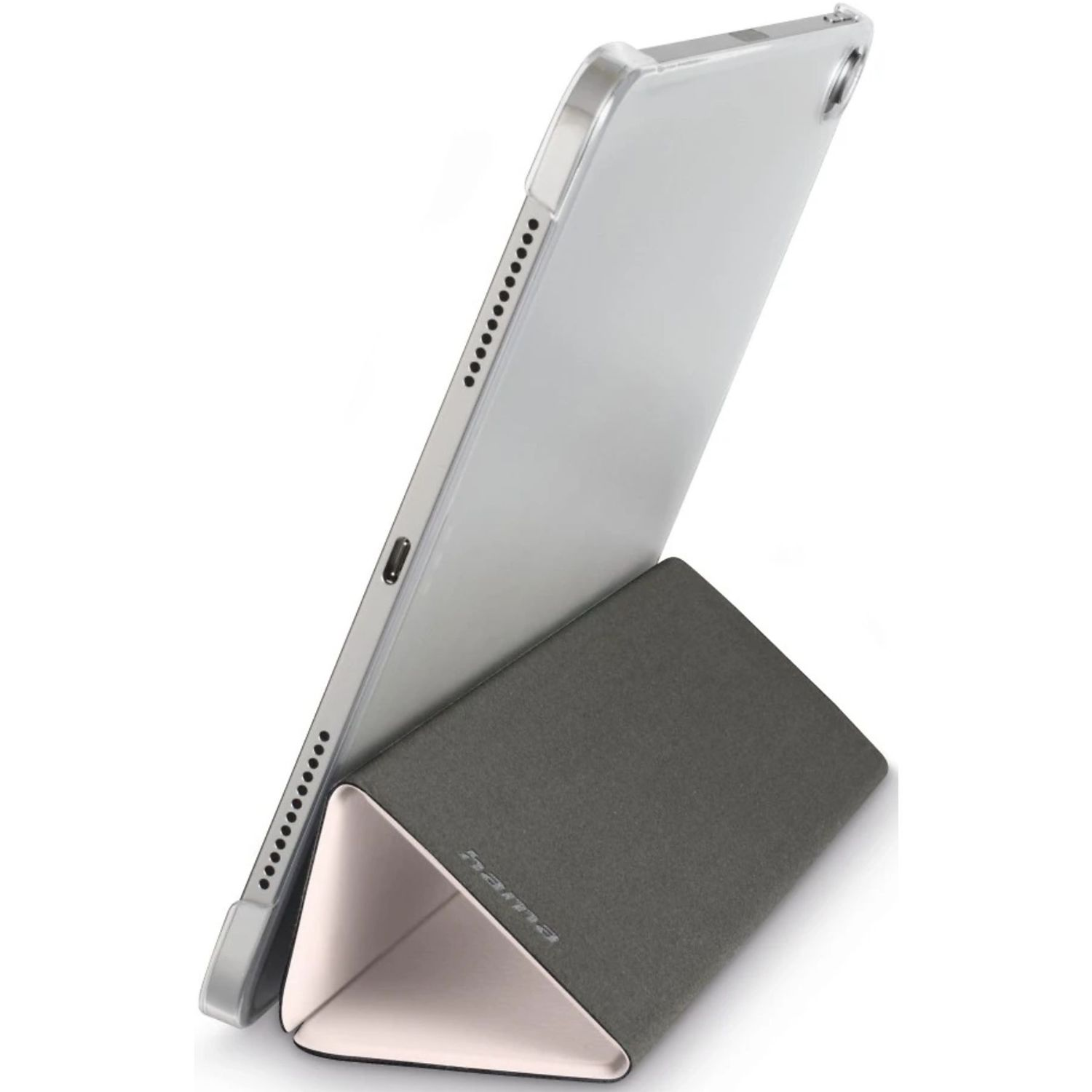 Graues Tablet mit Hülle, aufgestellt auf weißem Hintergrund.