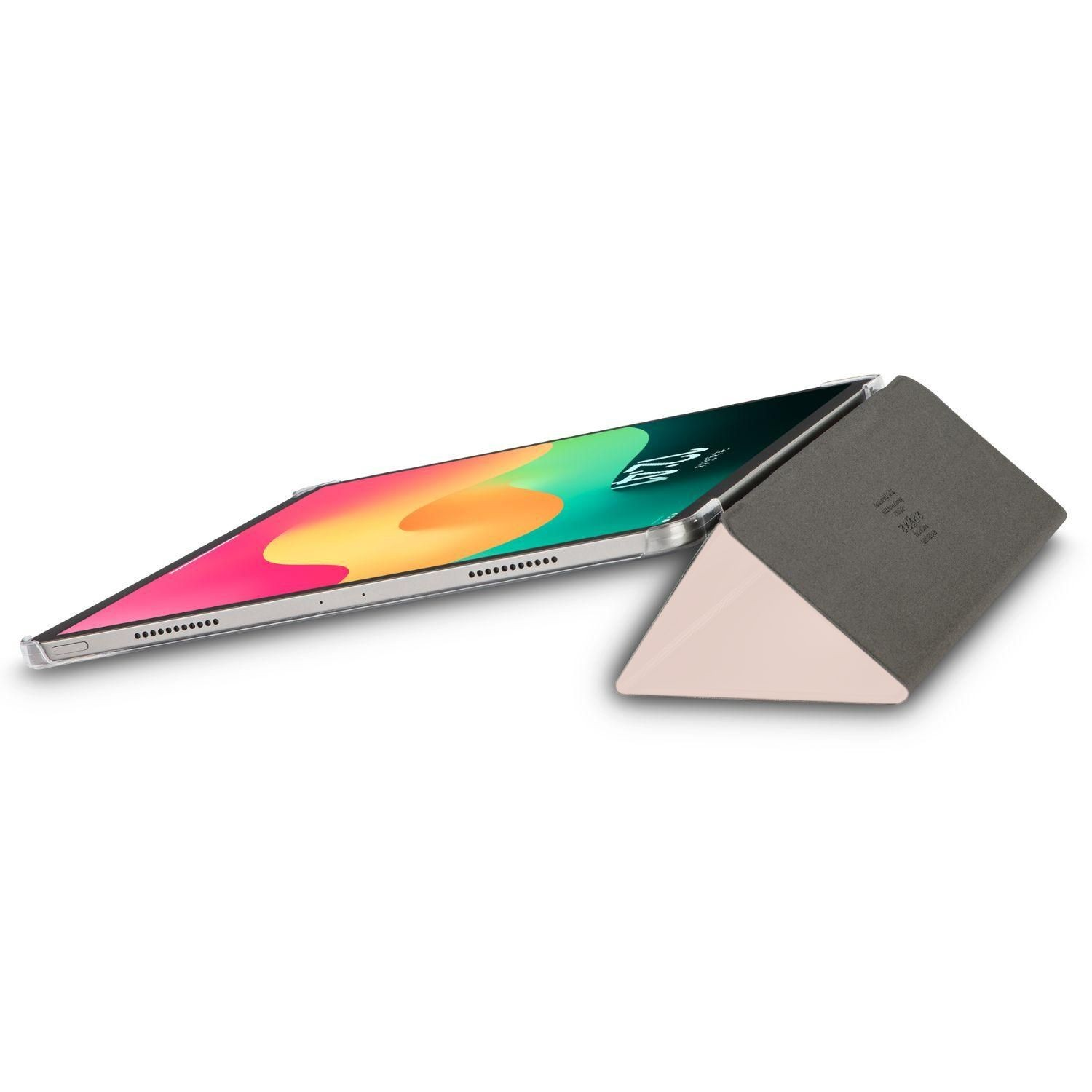 Ein Tablet mit farbigem Hintergrundbild liegt auf einem grauen Ständer.