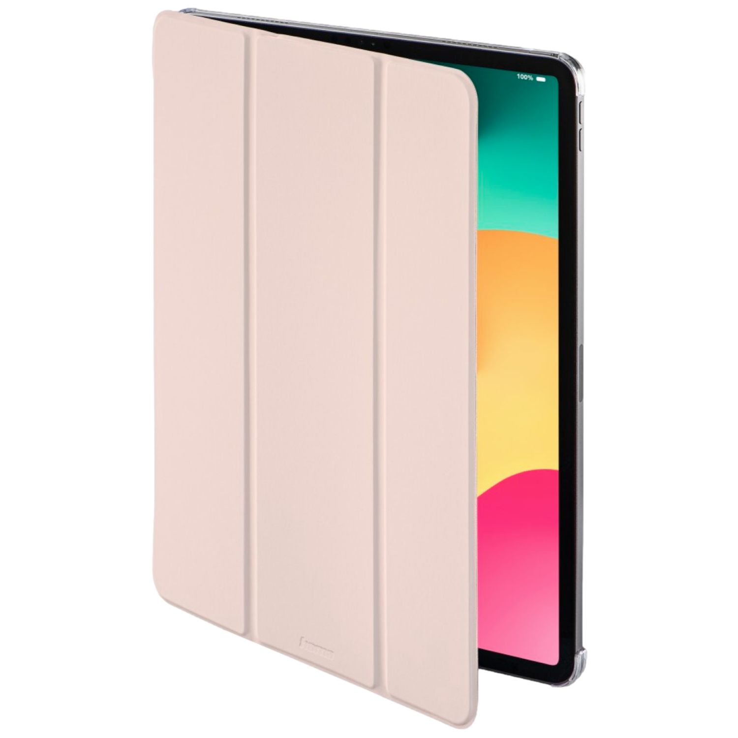 Ein hellrosa Tablet-Cover ist geöffnet und zeigt einen Teil des Bildschirms.