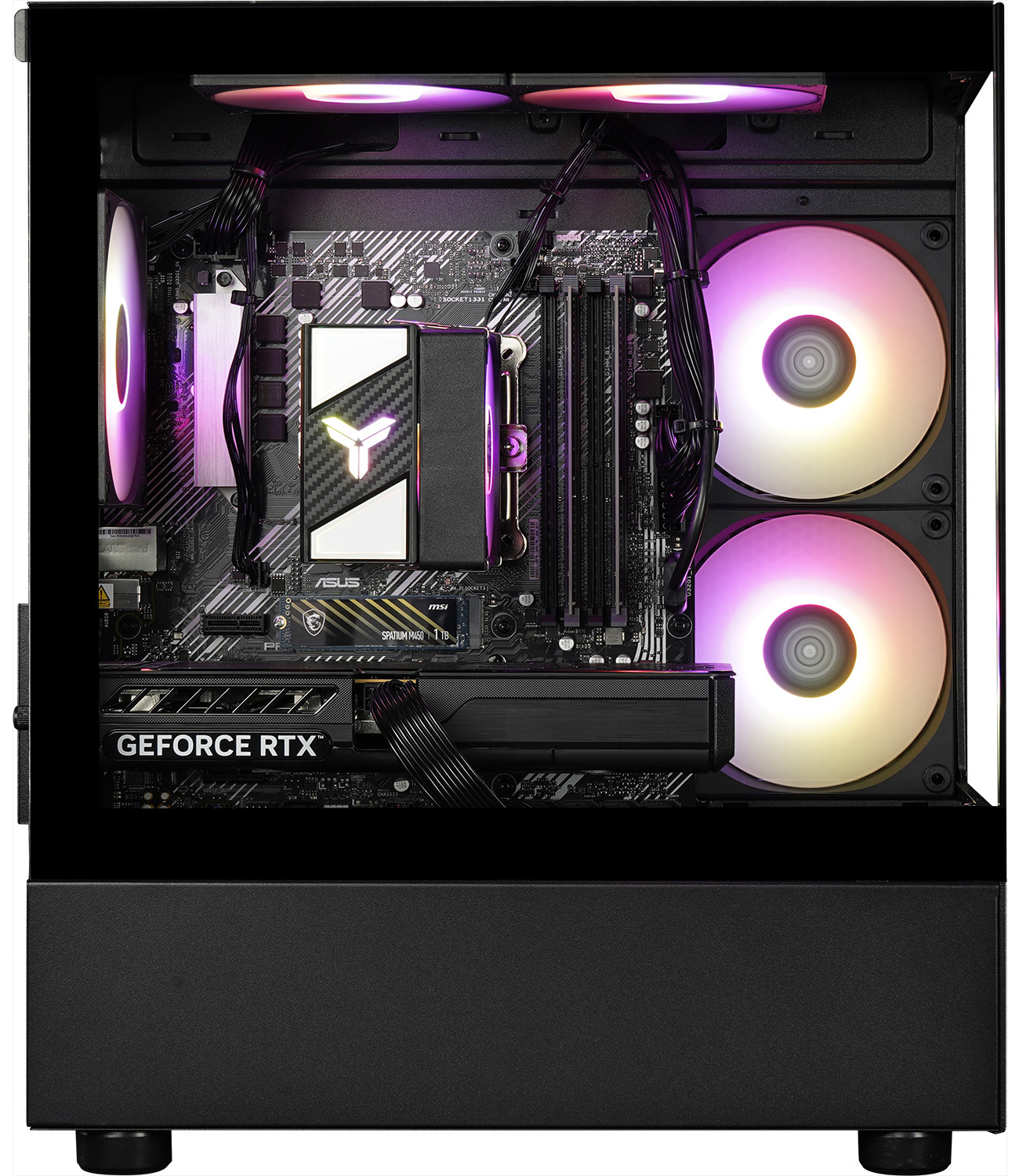 A gaming PC with RGB fans and a GeForce RTX graphics card.