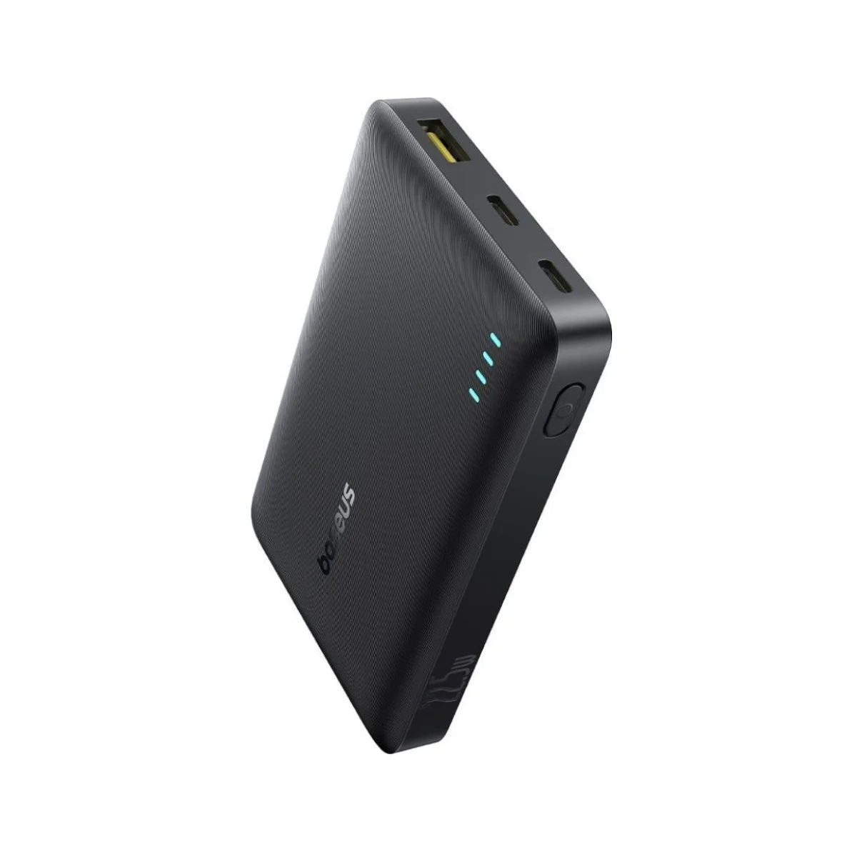 Ein schwarzes Powerbank mit silbernen Anschlüssen und blauen LEDs.