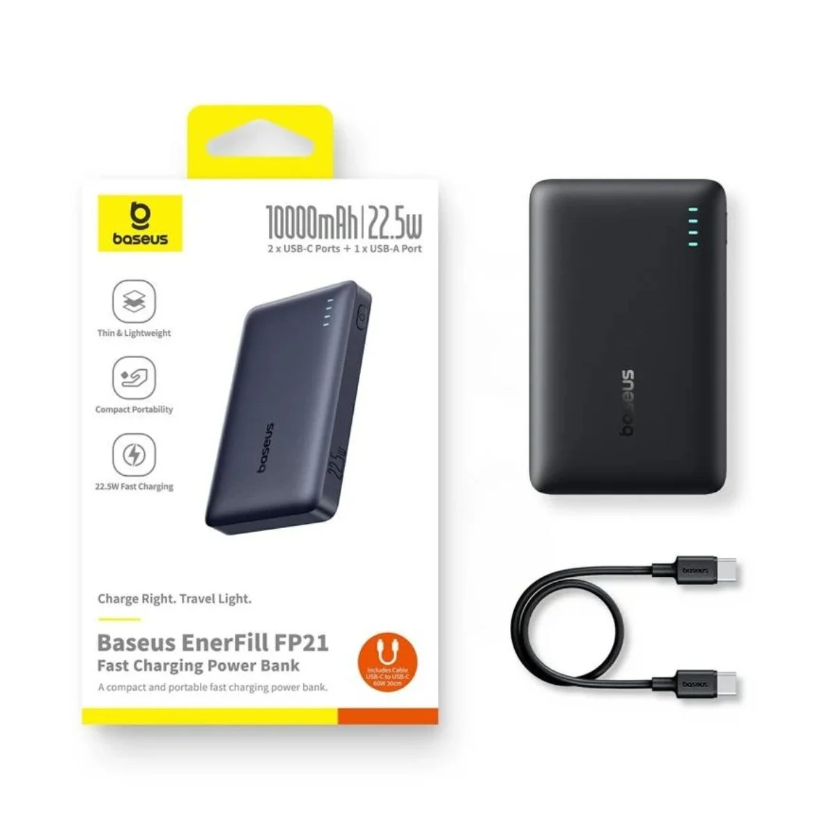 Schwarzes Baseus Powerbank-Set mit Ladekabel. Enthält Powerbank und USB-C-Kabel.