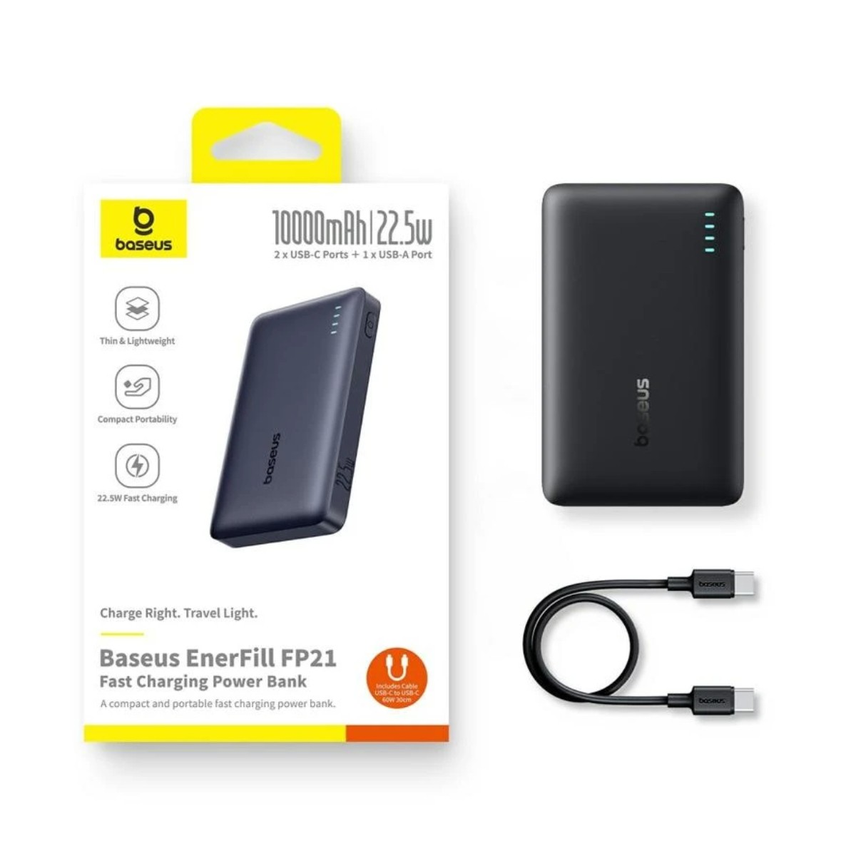 Schwarzes Baseus Powerbank-Paket mit Powerbank und Kabel. 10.000 mAh.