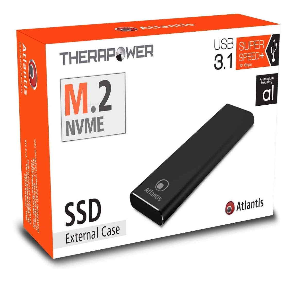 Case esterno SSD M.2 NVMe nero su scatola con informazioni sul prodotto.