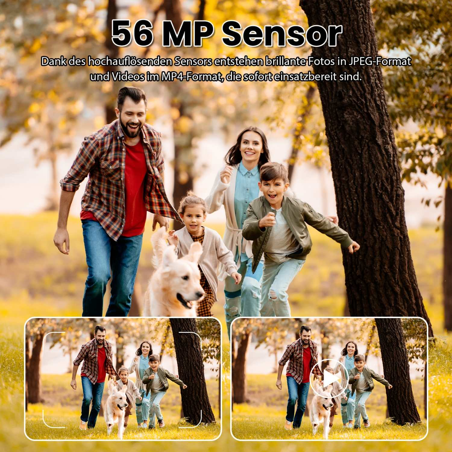 Familie mit Hund im Park, oben Text über 56 MP Sensor.
