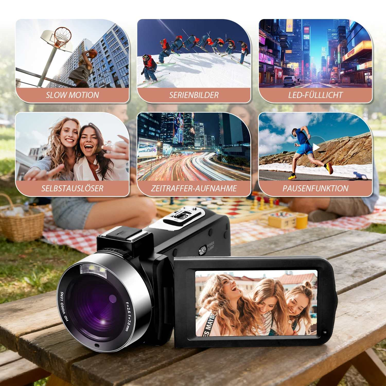 Kamera mit sechs Beispielbildern für Funktionen wie Zeitlupe, Serienbilder, LED-Licht.
