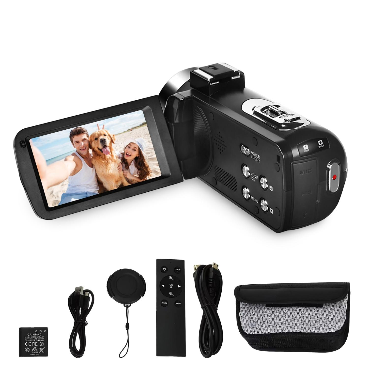 Ein Camcorder mit einem Paar, Hund und Zubehör.