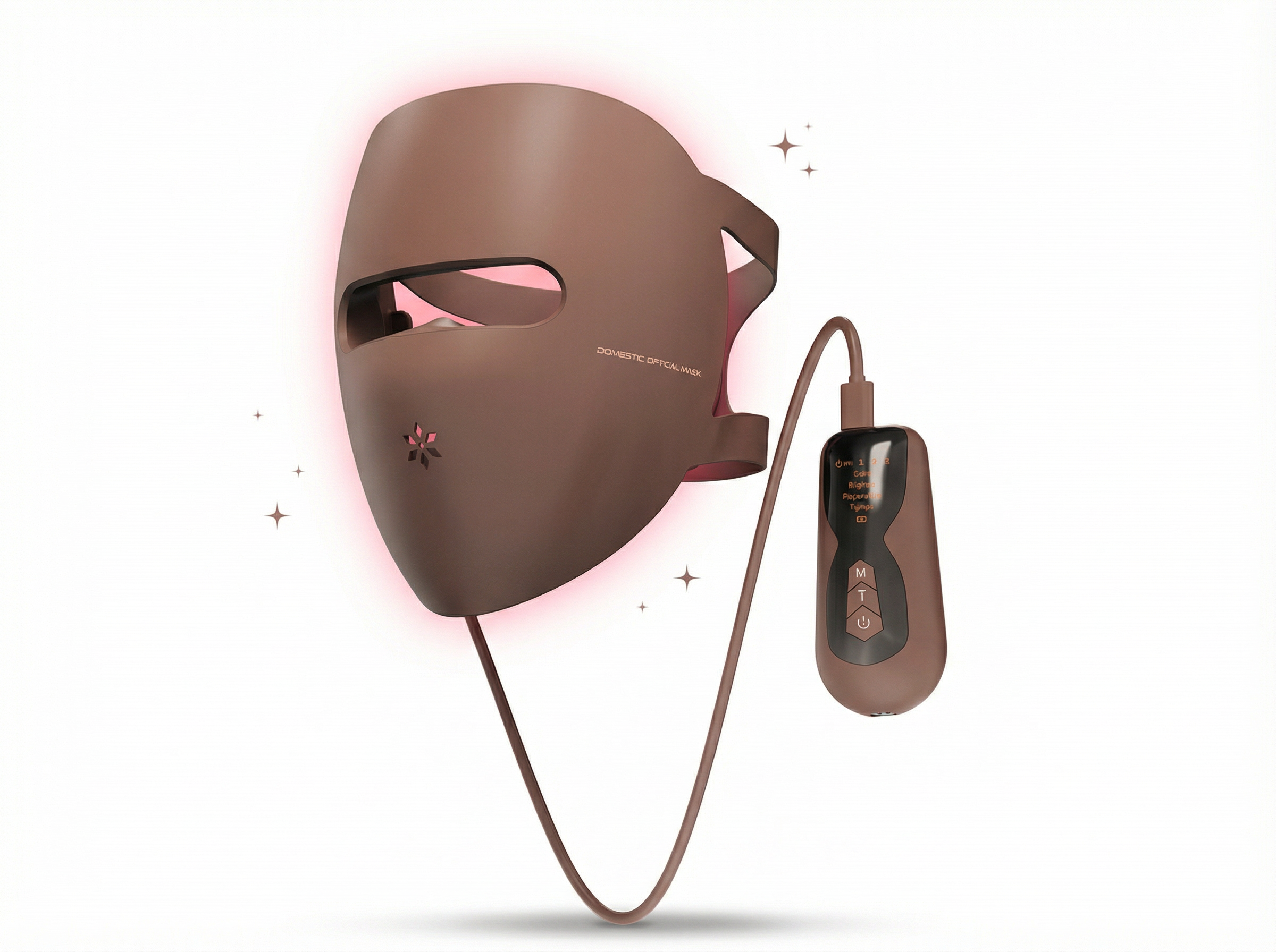 Braune LED-Gesichtsmaske mit Steuergerät und leuchtenden Akzenten.