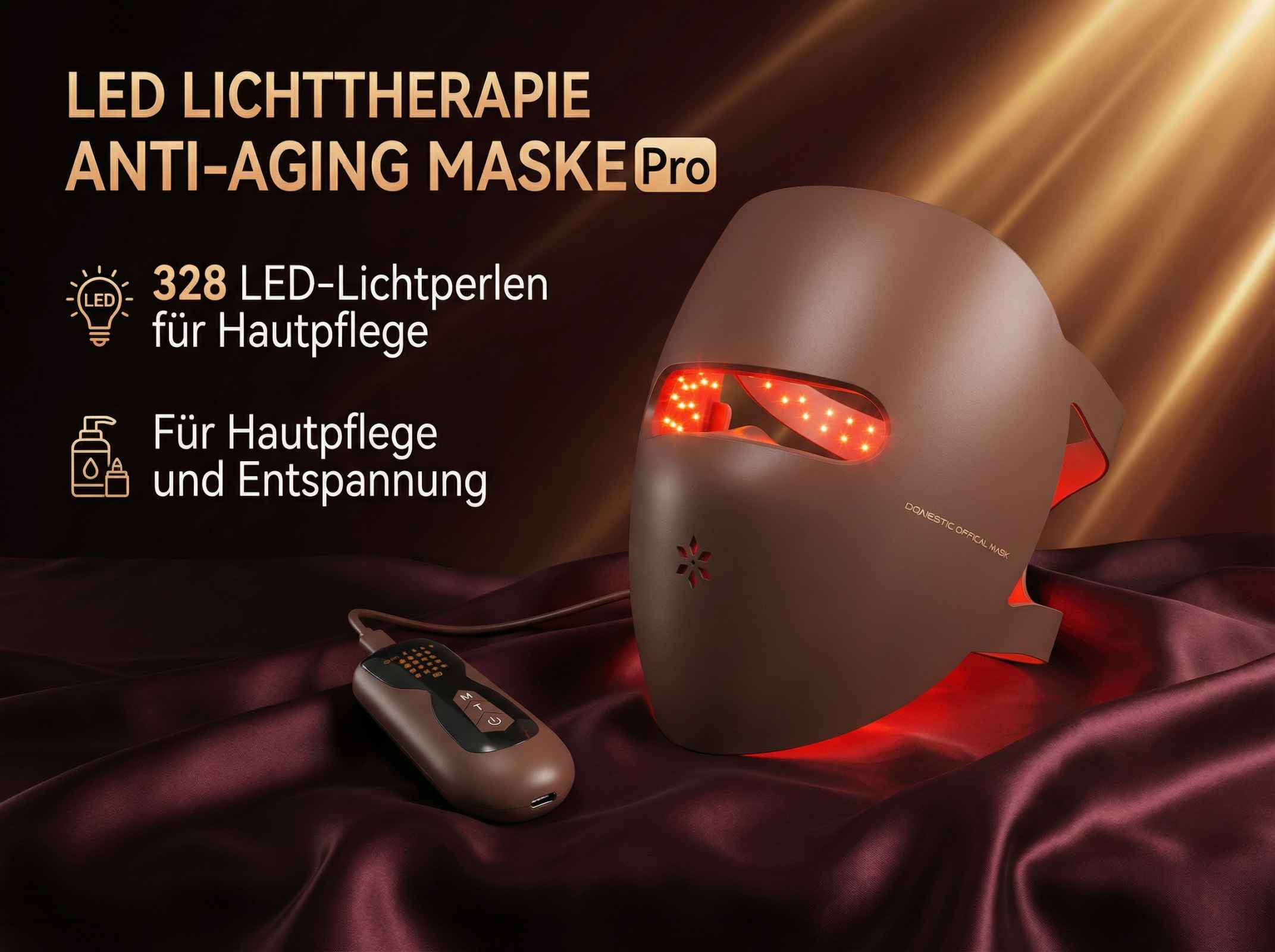 Braune LED-Gesichtsmaske mit rotem Licht und Fernbedienung auf Seide.