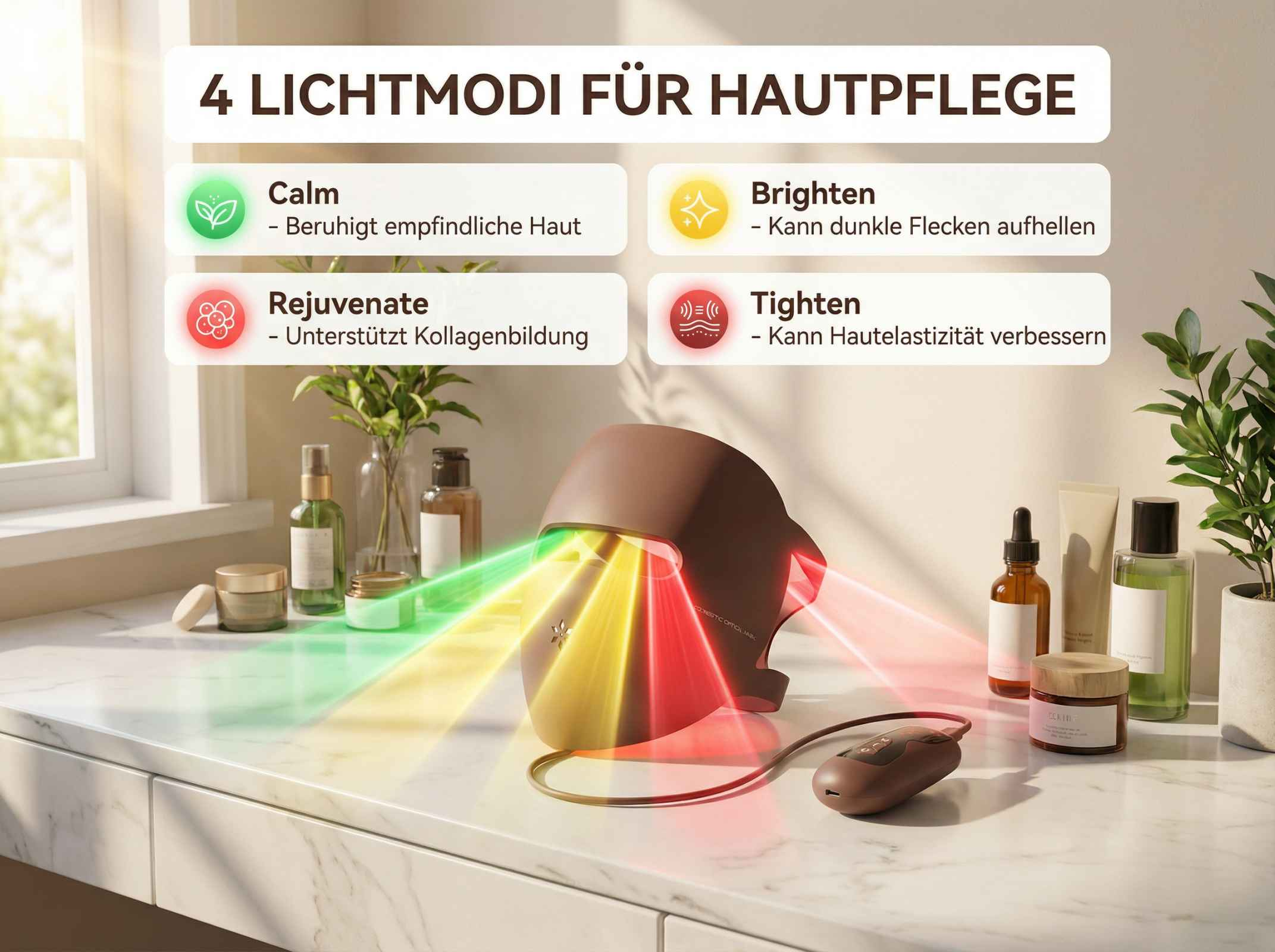 Hautpflegegerät mit 4 Lichtmodi: Calm, Rejuvenate, Brighten, Tighten. Auf einem Marmortisch.