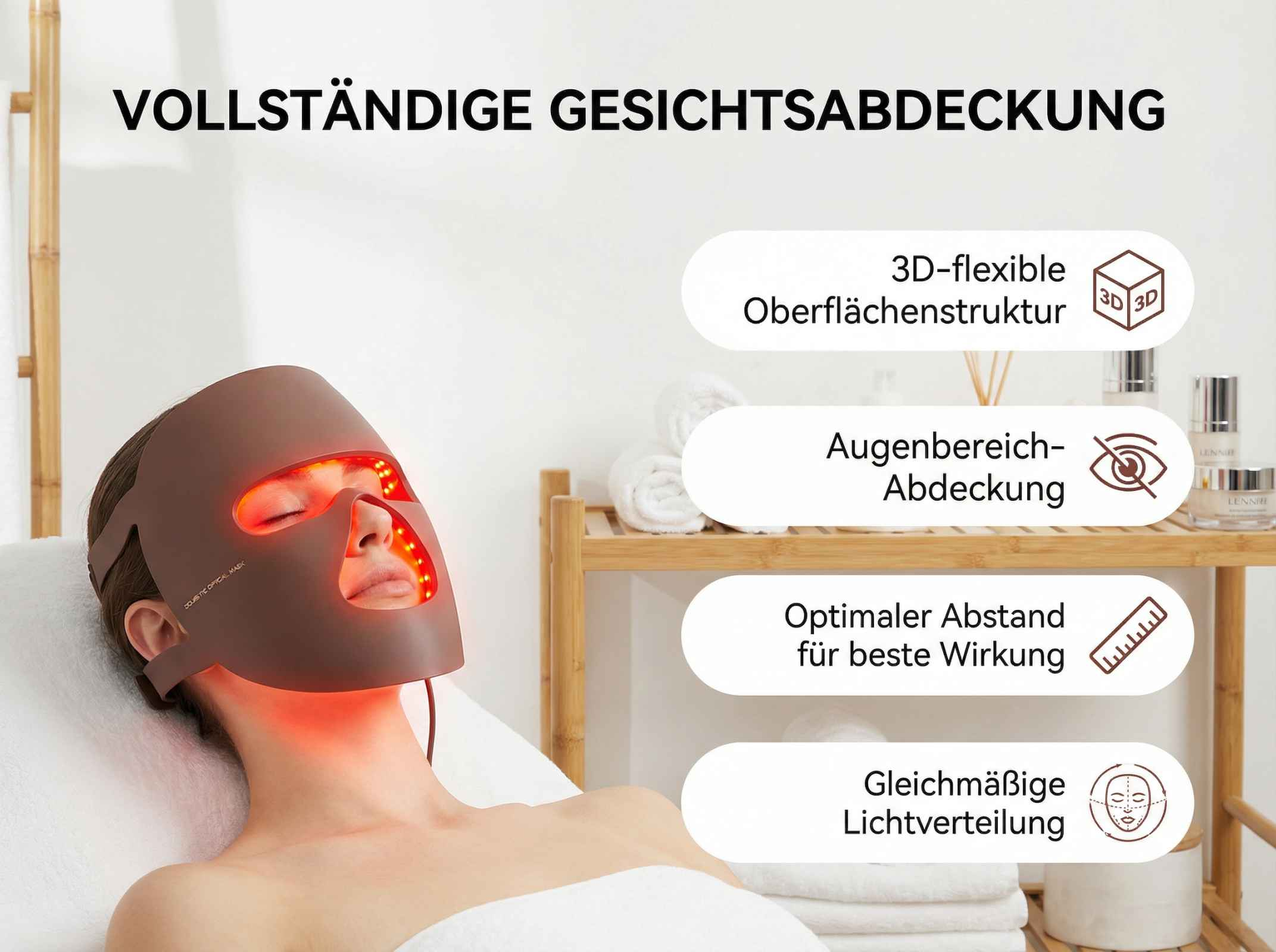 Frau mit brauner Gesichtsmaske mit roten Lichtern, auf einem Bett liegend.