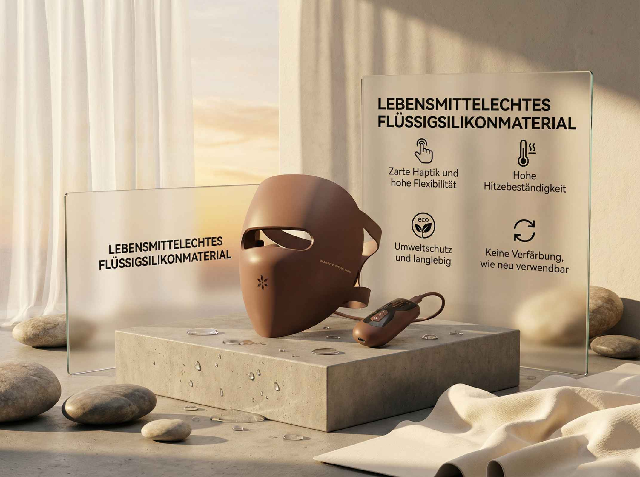 Eine braune Gesichtsmaske mit einem Steuergerät auf einem Steinsockel.