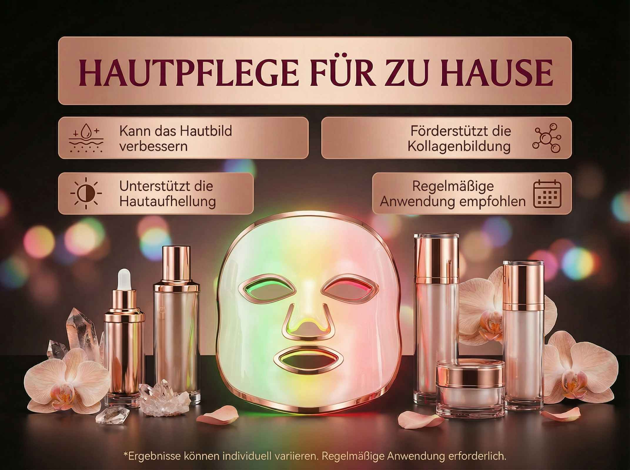 Hautpflege-LED-Maske mit Skincare-Produkten, Orchideen und Kristallen.