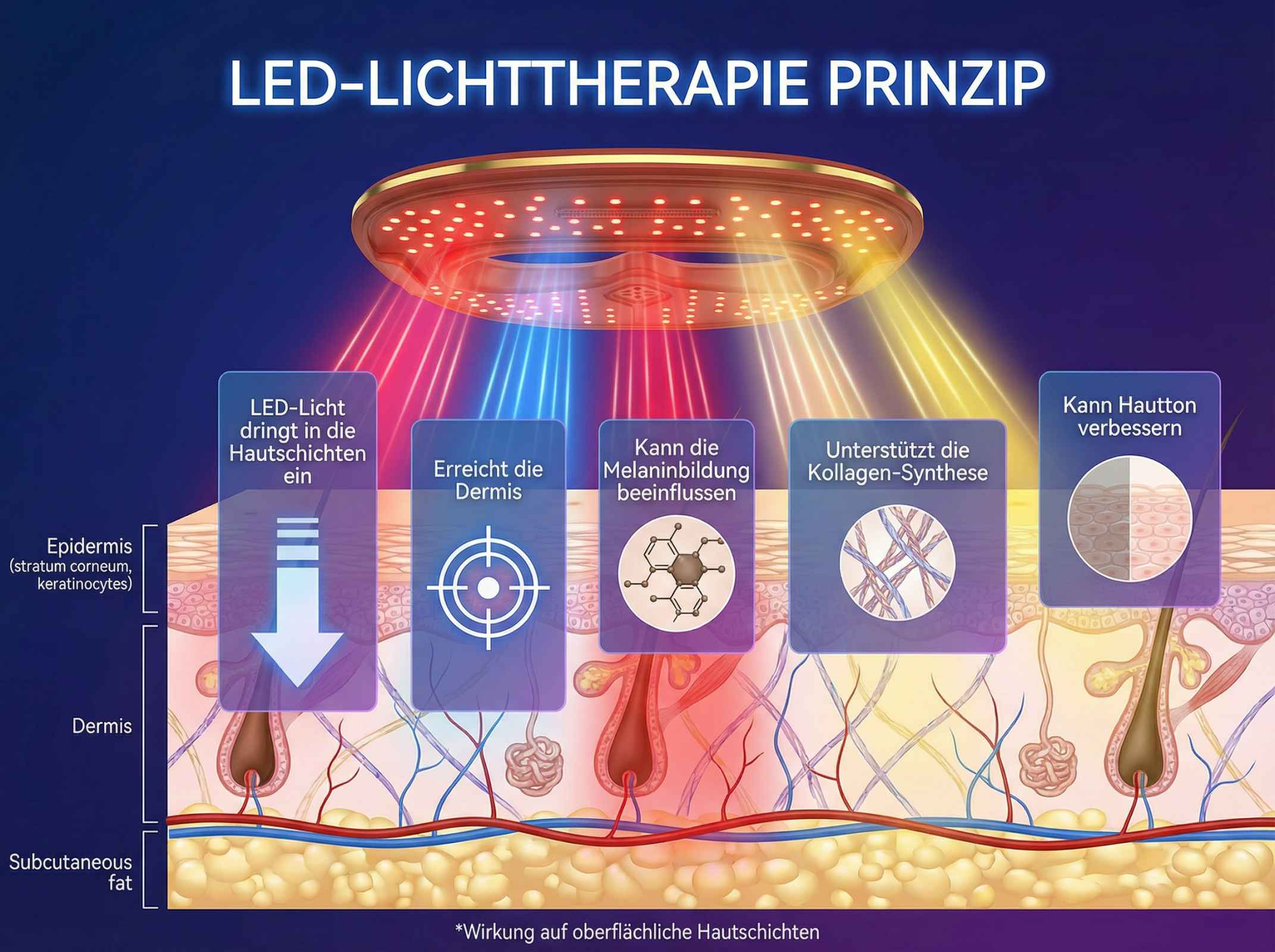 LED-Lichttherapie Prinzip: Licht dringt in Hautschichten, erreicht Dermis, beeinflusst Melanin, unterstützt Kollagen.