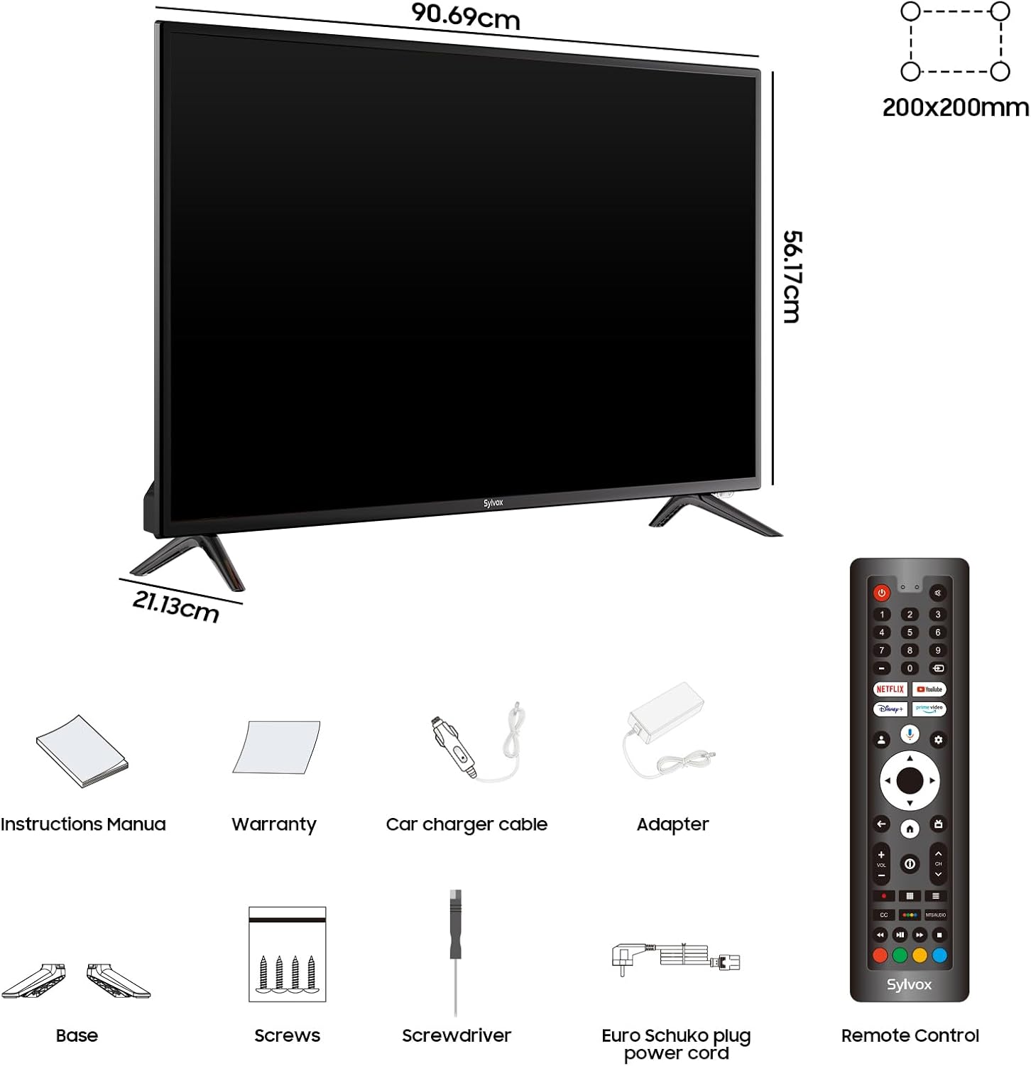 Un televisor con accesorios: instrucciones, garantía, cables, adaptador, base, tornillos, destornillador, mando.