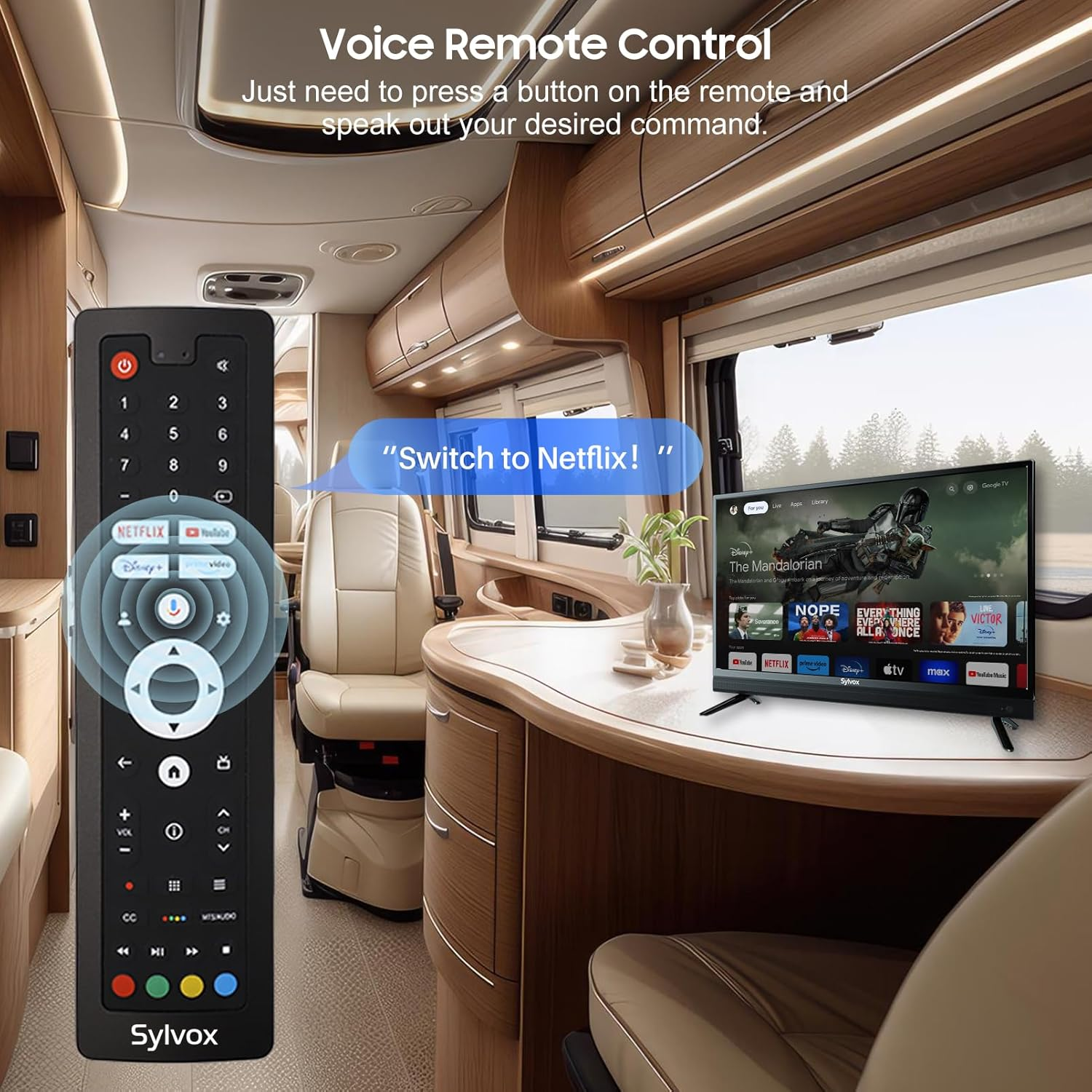 Un control remoto Sylvox en una caravana controla un televisor inteligente.