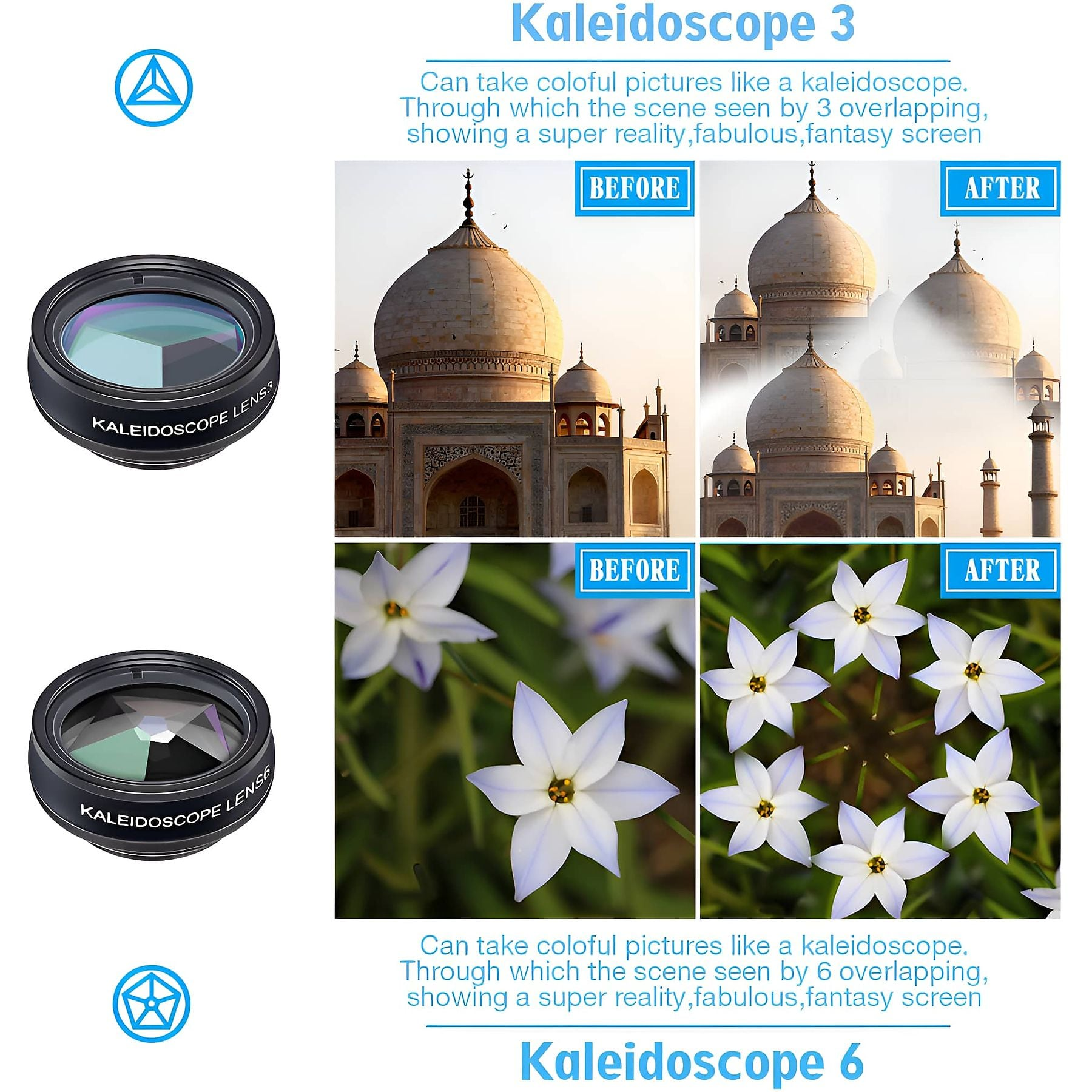 Kaleidoskop-Objektive und Vergleichsbilder von Taj Mahal und Blumen.
