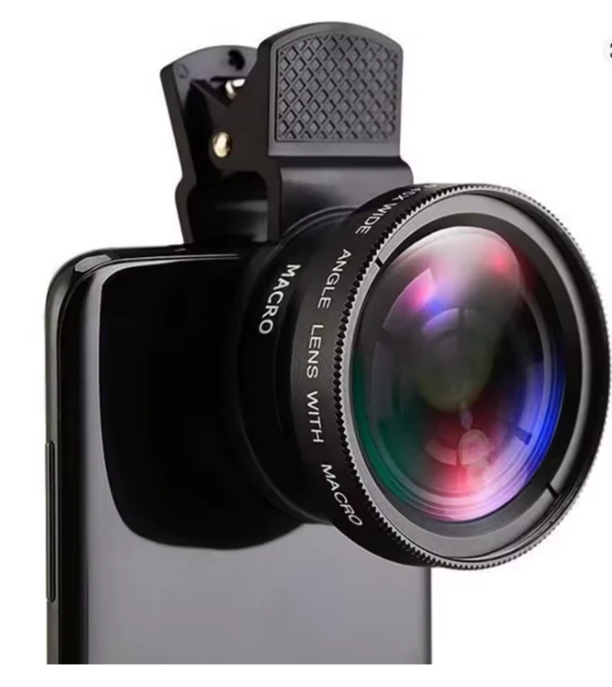 Eine schwarze Handy-Kamera-Linse mit Makro- und Weitwinkelaufsatz.